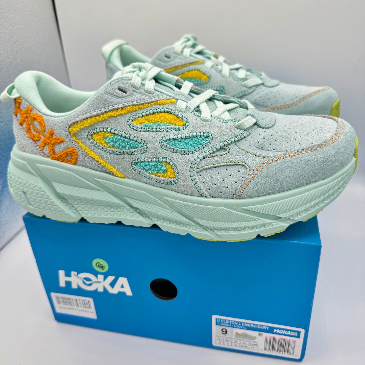 Hoka Clifton L Embroidery UNISEX Shoes Leather blue glass yellow aqua