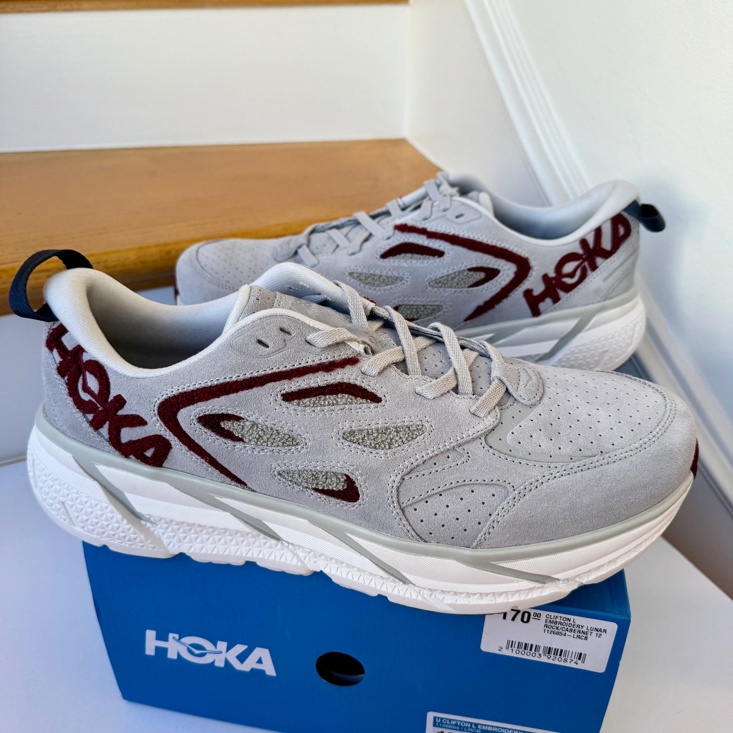 Hoka Clifton Suede Embroidery L Leather Unisex  Grey / Maroon Red Lunar rock Cabernet