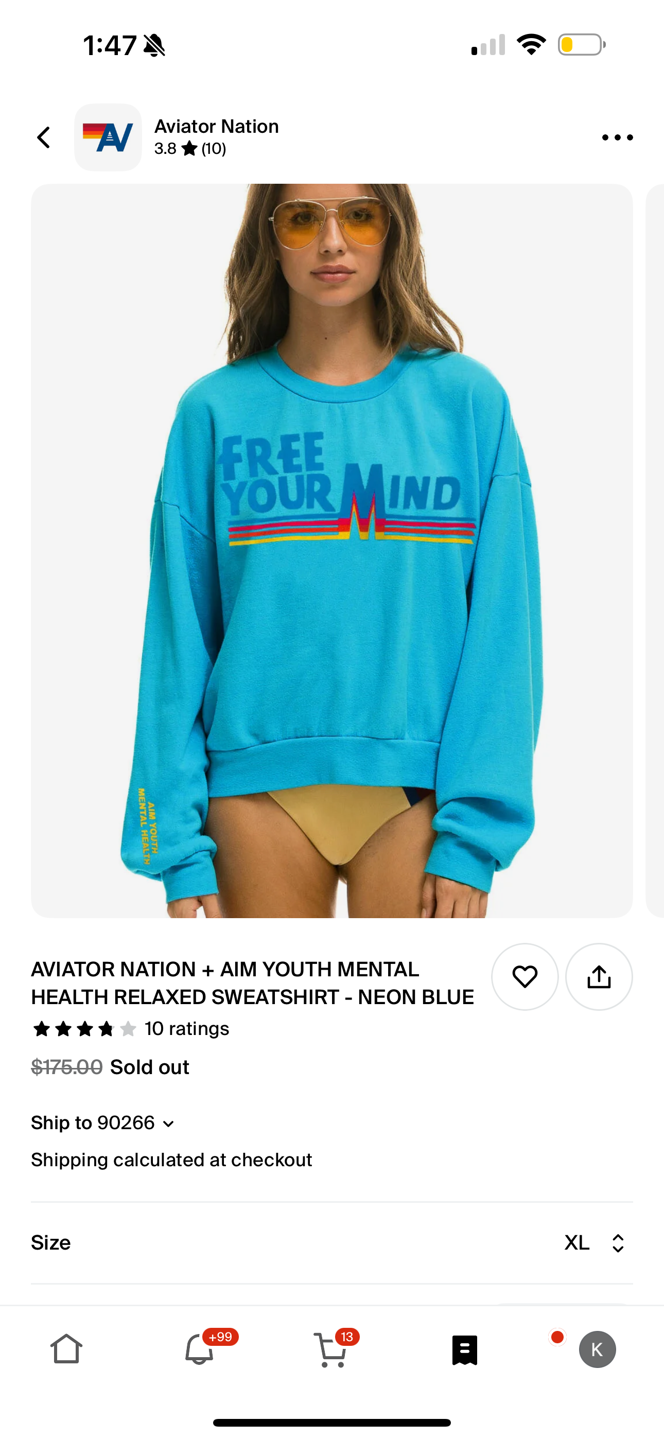 Aviator Nation Free Your Mind Unisex Blue Crewneck Sweatshirt Collab x Aim Youth Mental Health