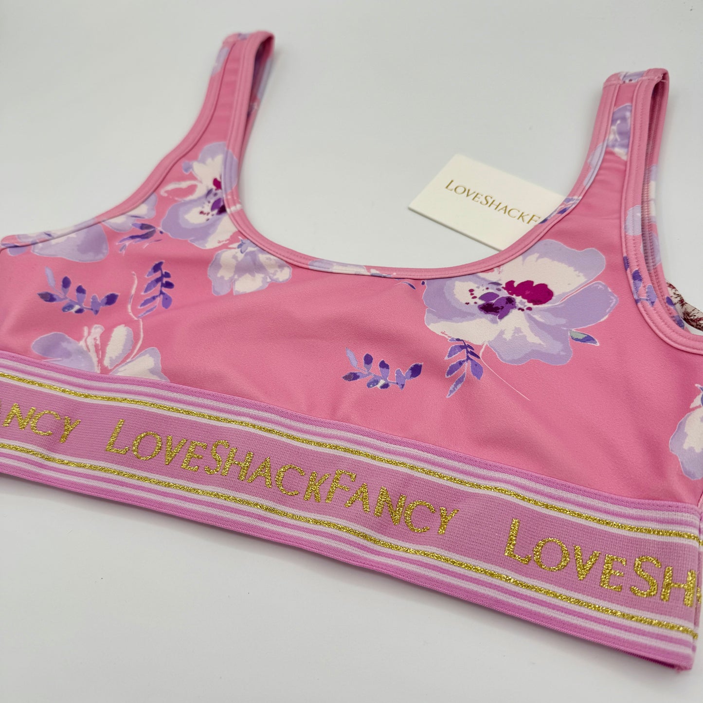 LoveShackFancy Ornice Sports Athletic Bra Light Pink Floral Gold Logo Flower