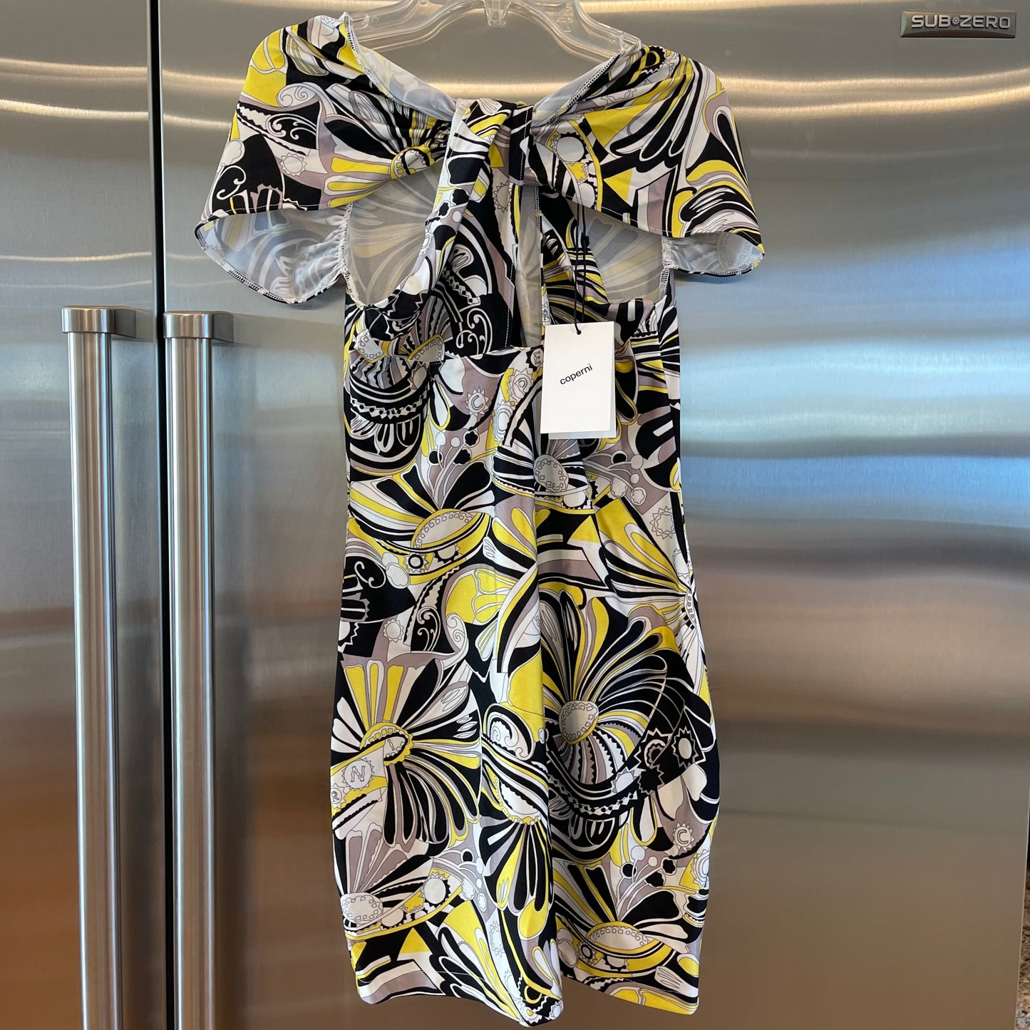 Coperni Cutout Twist Mini Dress in Yellow Black white abstract print