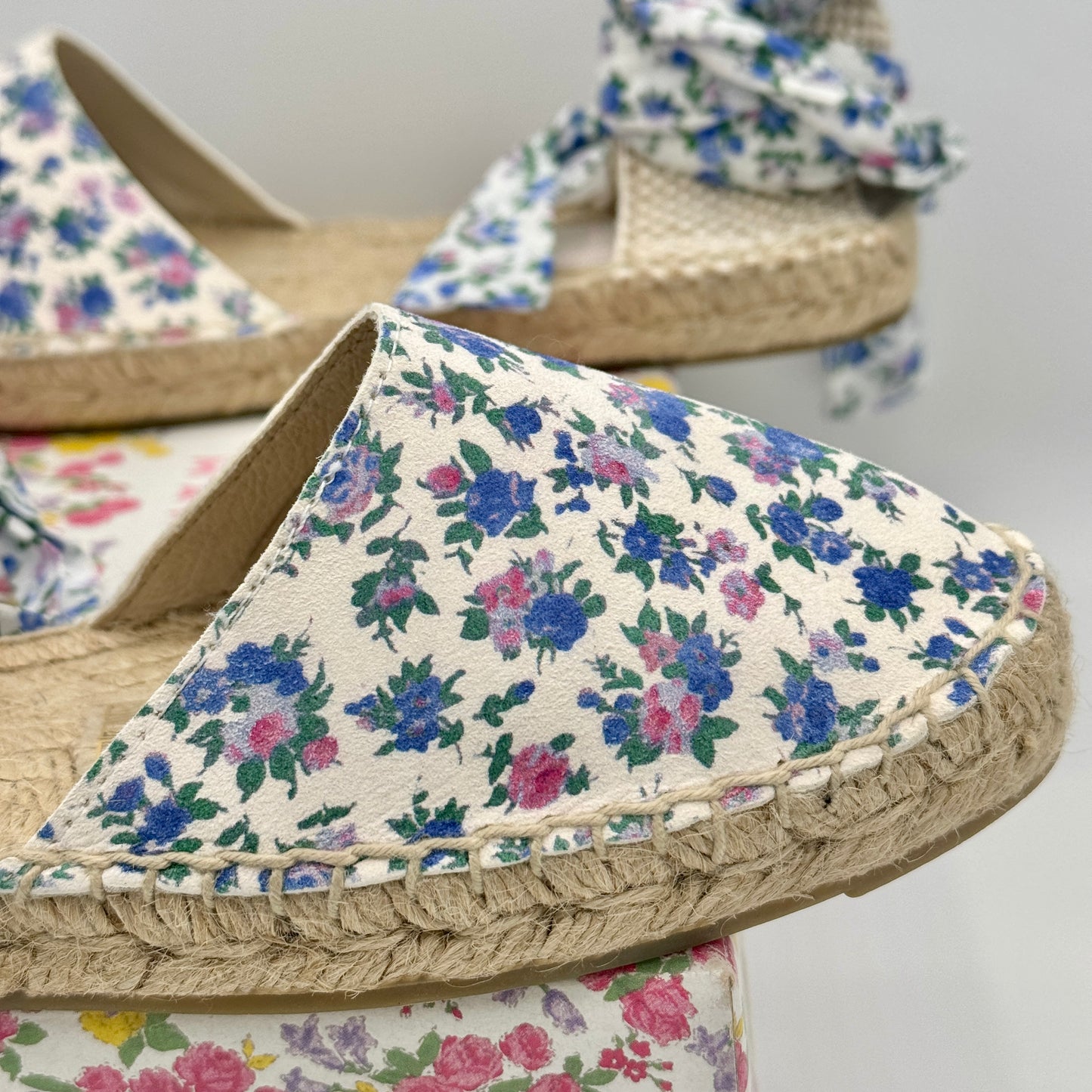 LoveShackFancy x Manebi Valencia Espadrille Blue Jay Song Floral wraparound