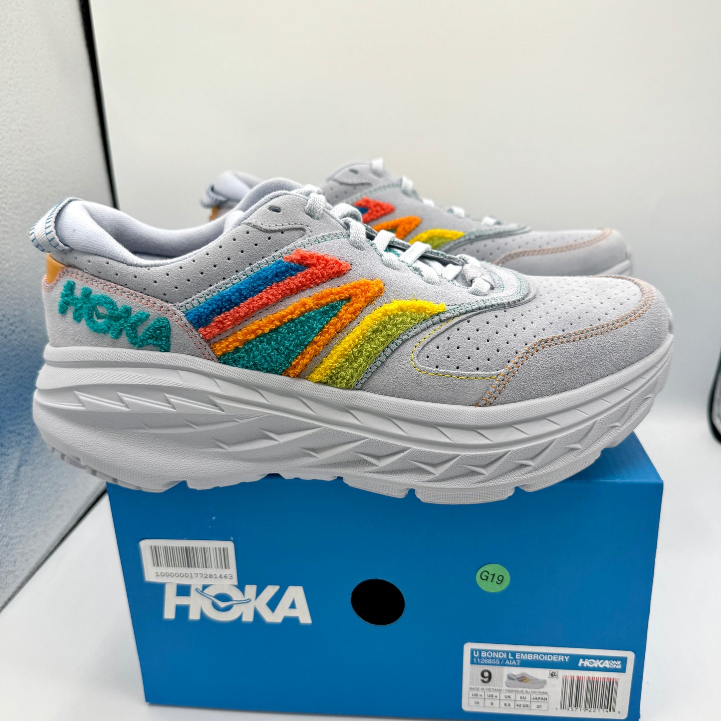 Hoka Bondi Leather Embroidery Sneakers Unisex Arctic Ice Grey Shoes