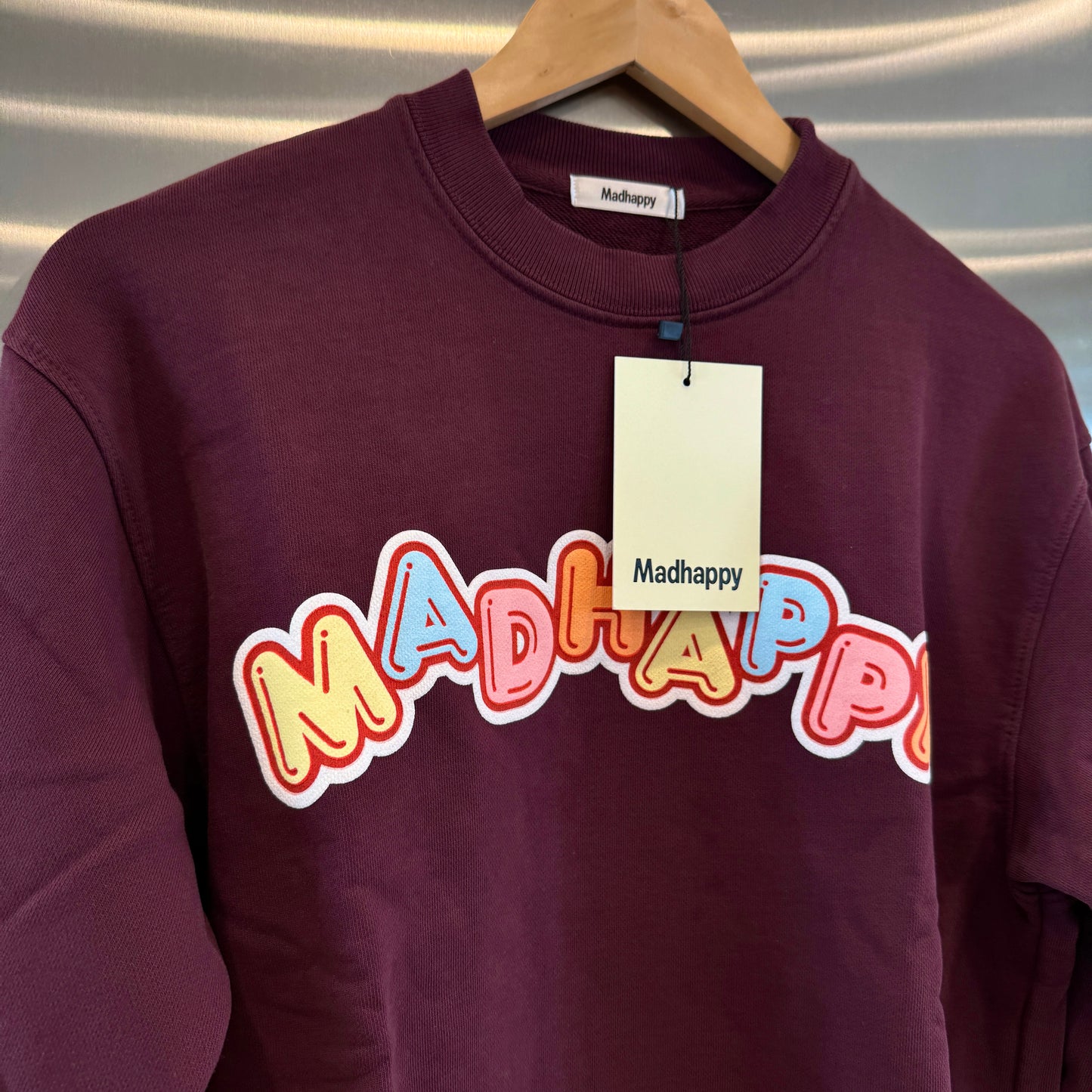 MadHappy Crush Universal Crewneck in Maroon Dark Red Candy Block Letters