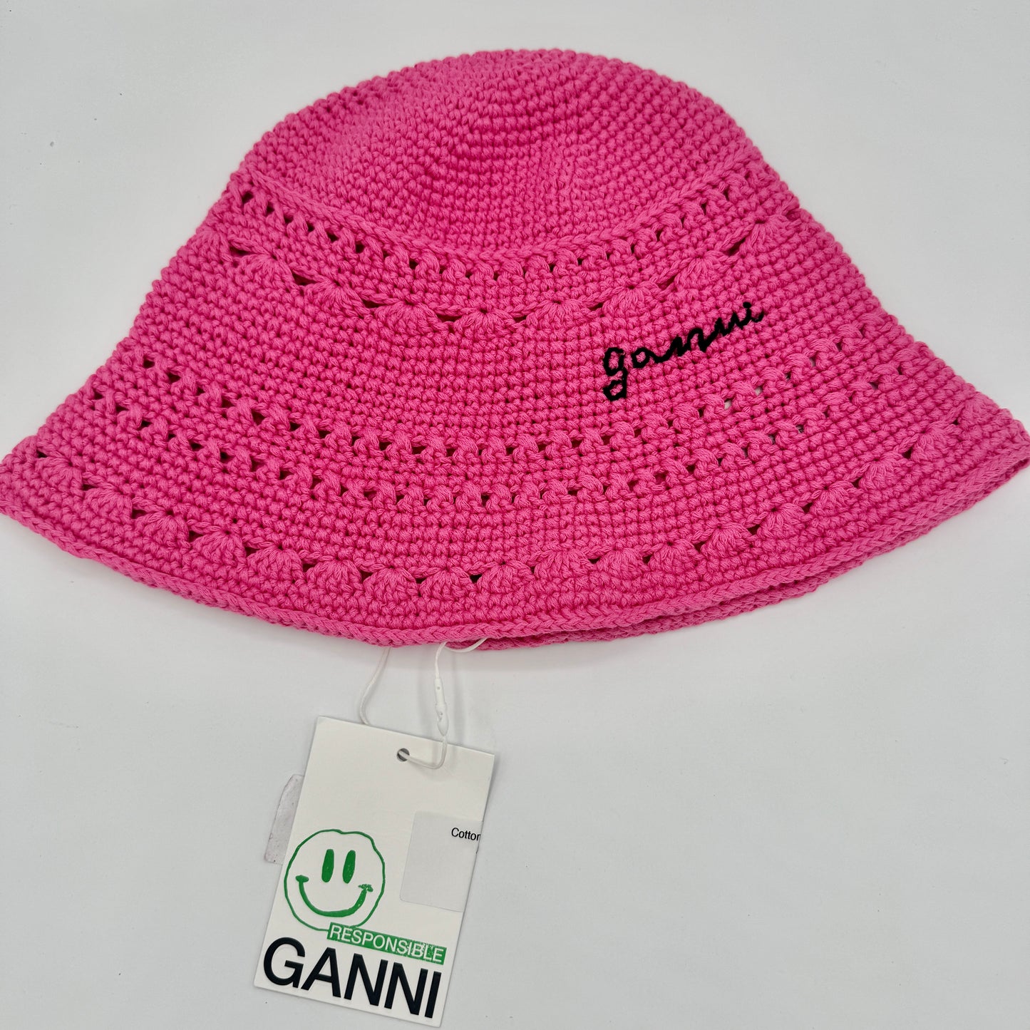Ganni Crochet Knit Bucket Hat Shocking Pink Logo