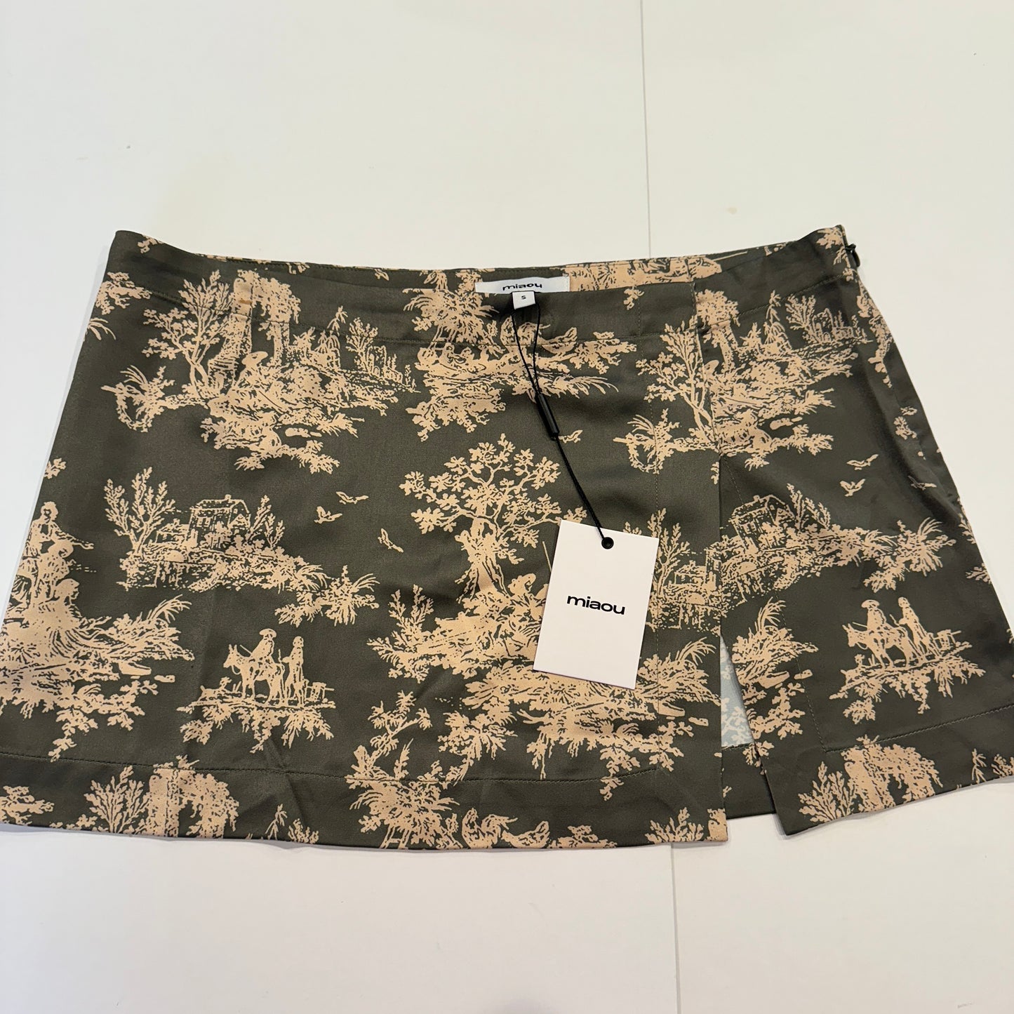 Miaou Mini Skirt in Moss Toile Green Micro Skirt with Slit