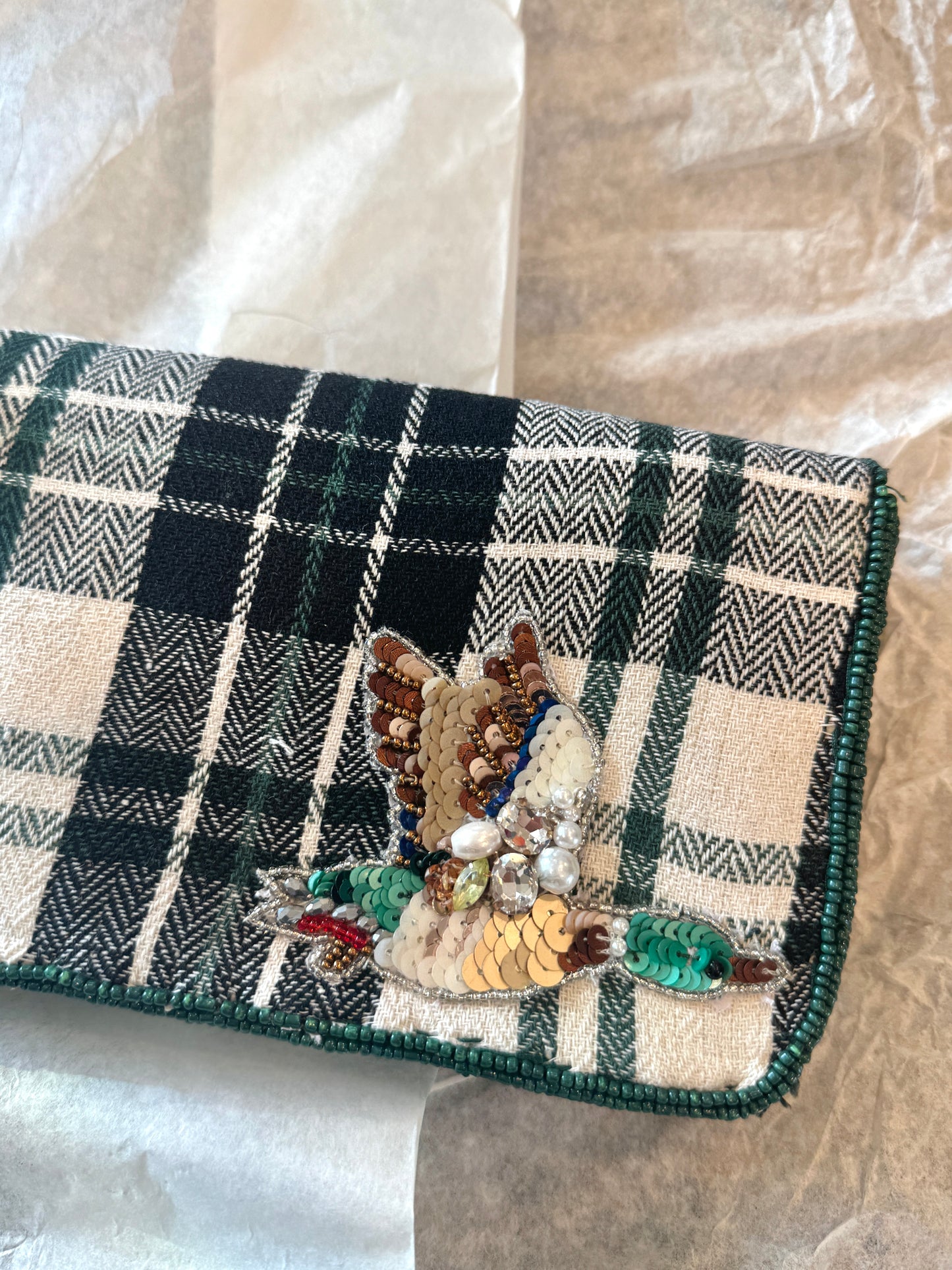 Anthropologie Green Plaid Flannel Fiona Beaded Bag Animal Edition Duck Purse