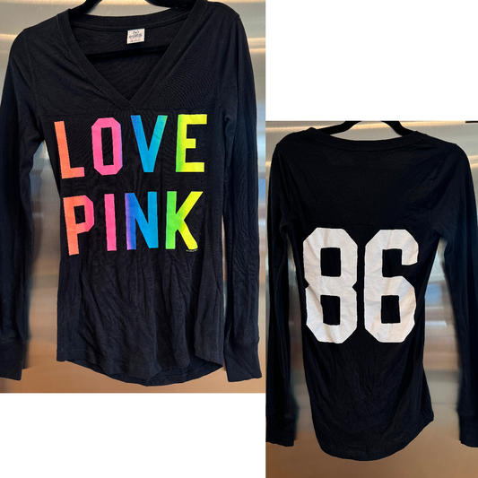 Victoria Secret Love Pink Rainbow Long Sleeve Black V Neck Shirt RARE 86 *Pre-Owned