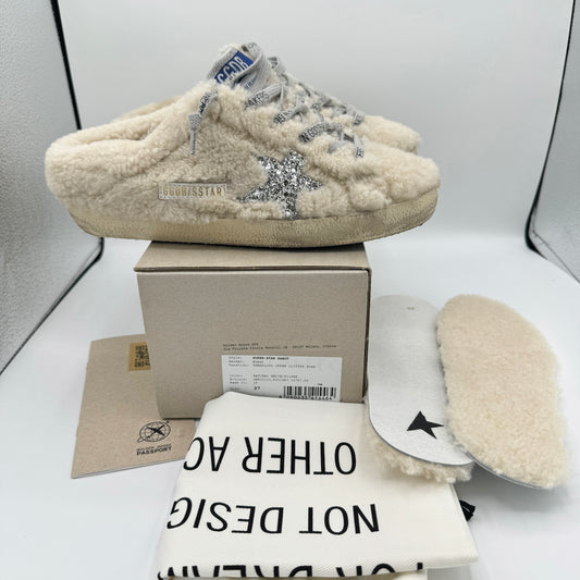 Golden Goose Superstar Sabot Shearling Glitter Sneaker Mule Natural / Silver