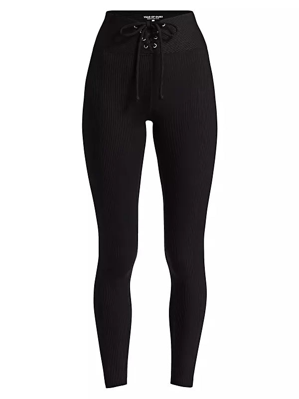 Year of Ours Ribbed Black Football Leggings Cropped Length Lace Up Front