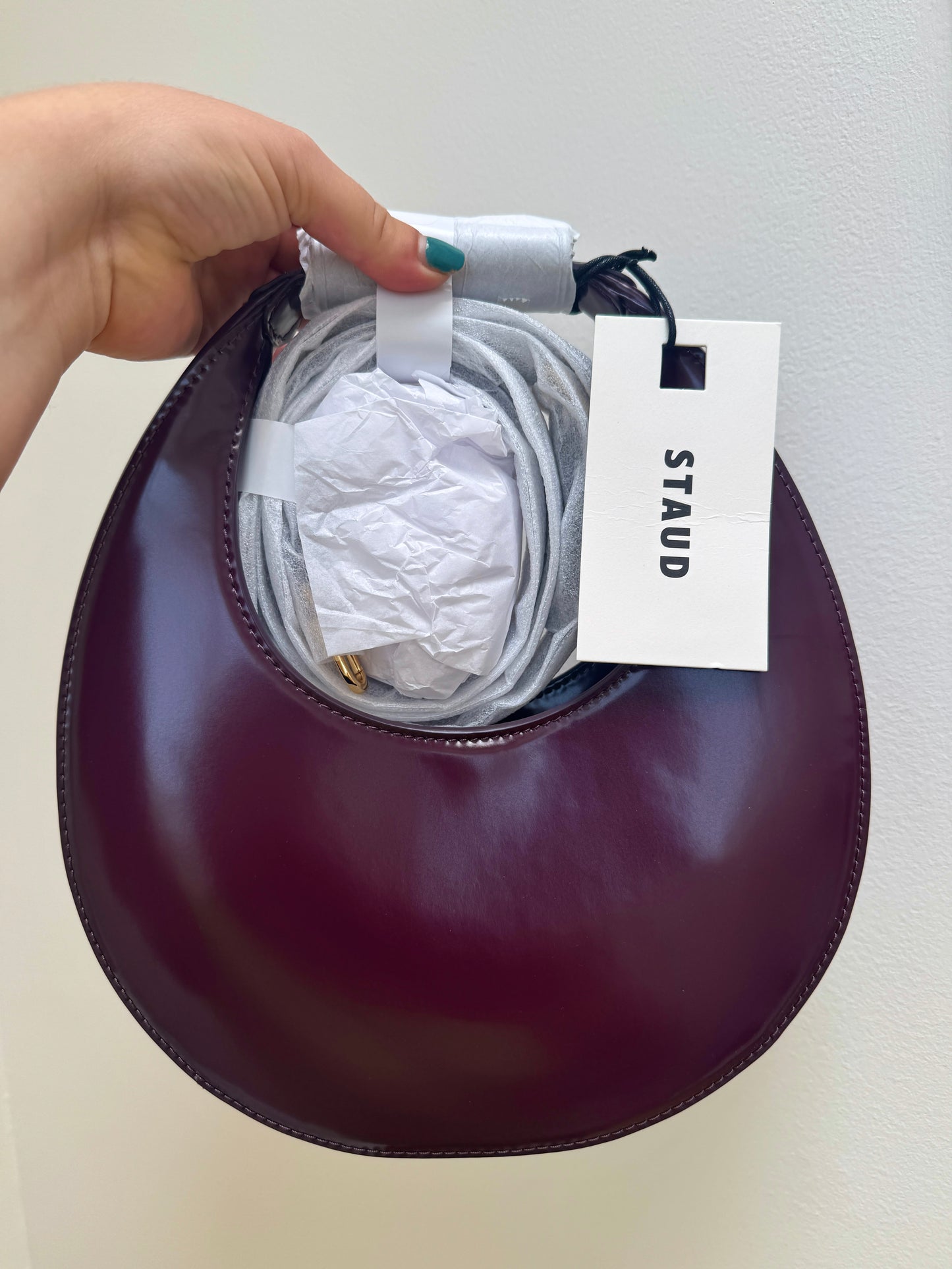 Staud Mini Moon Purse in Syrah Burgundy Leather, Crossbody Bag