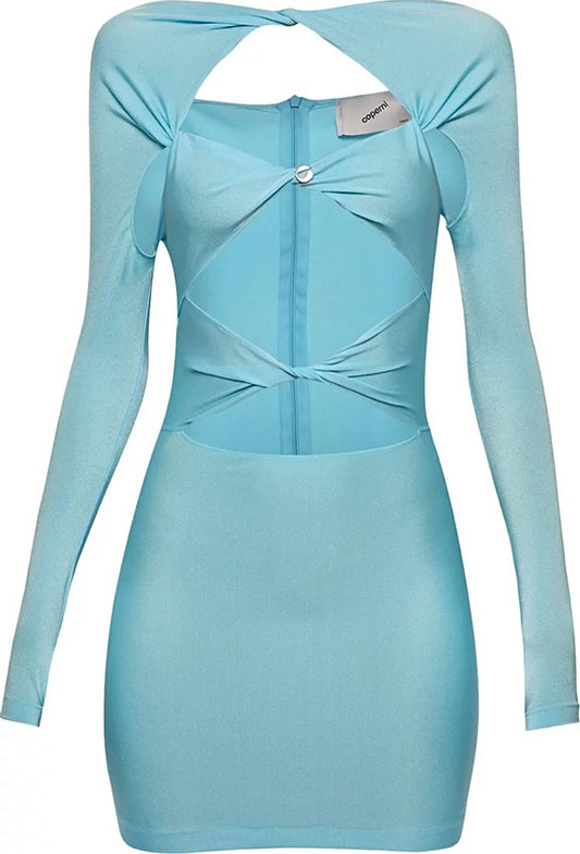 Coperni cutout mini dress jersey turquoise blue body con long sleeve