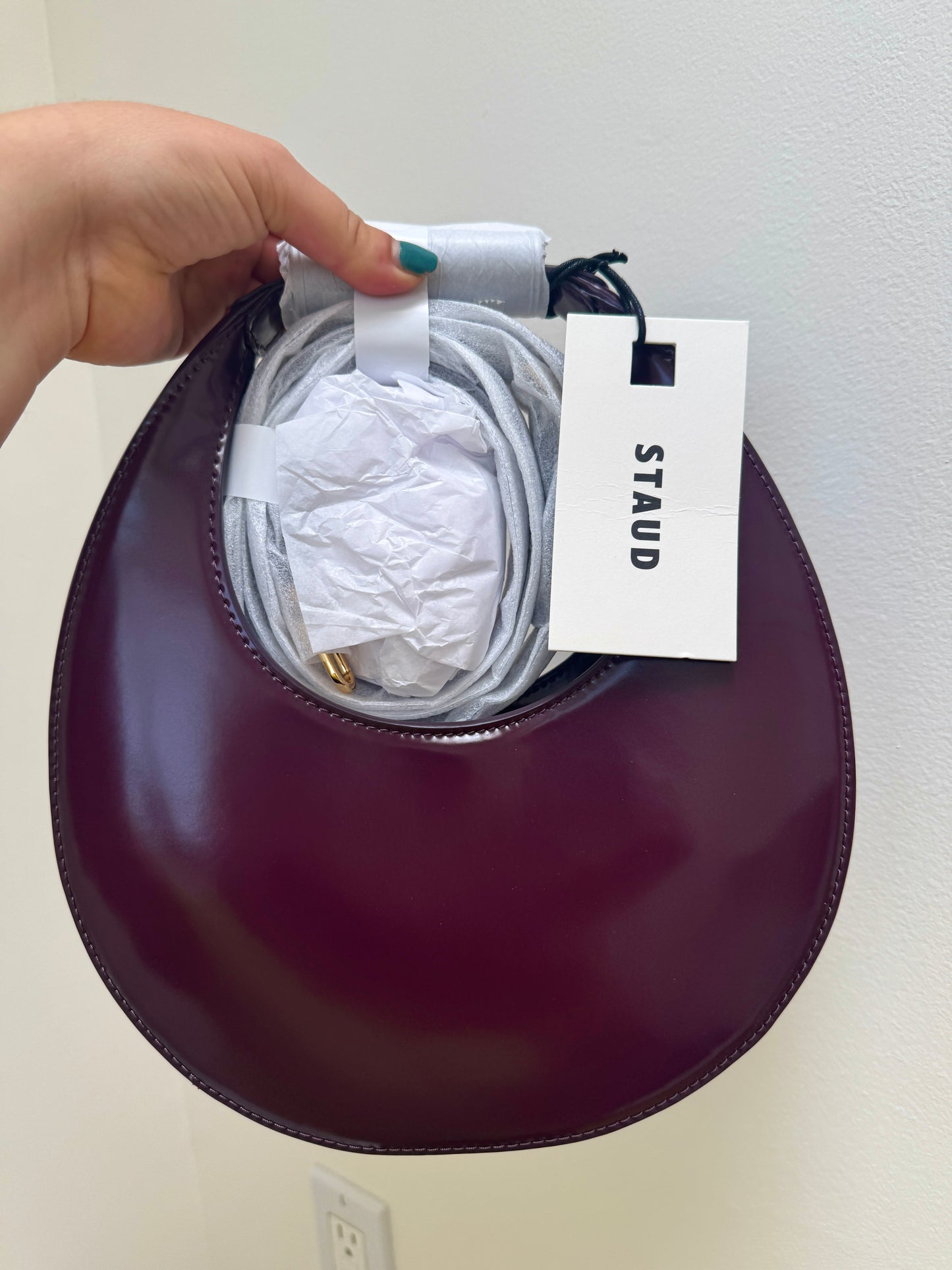 Staud Mini Moon Purse in Syrah Burgundy Leather, Crossbody Bag