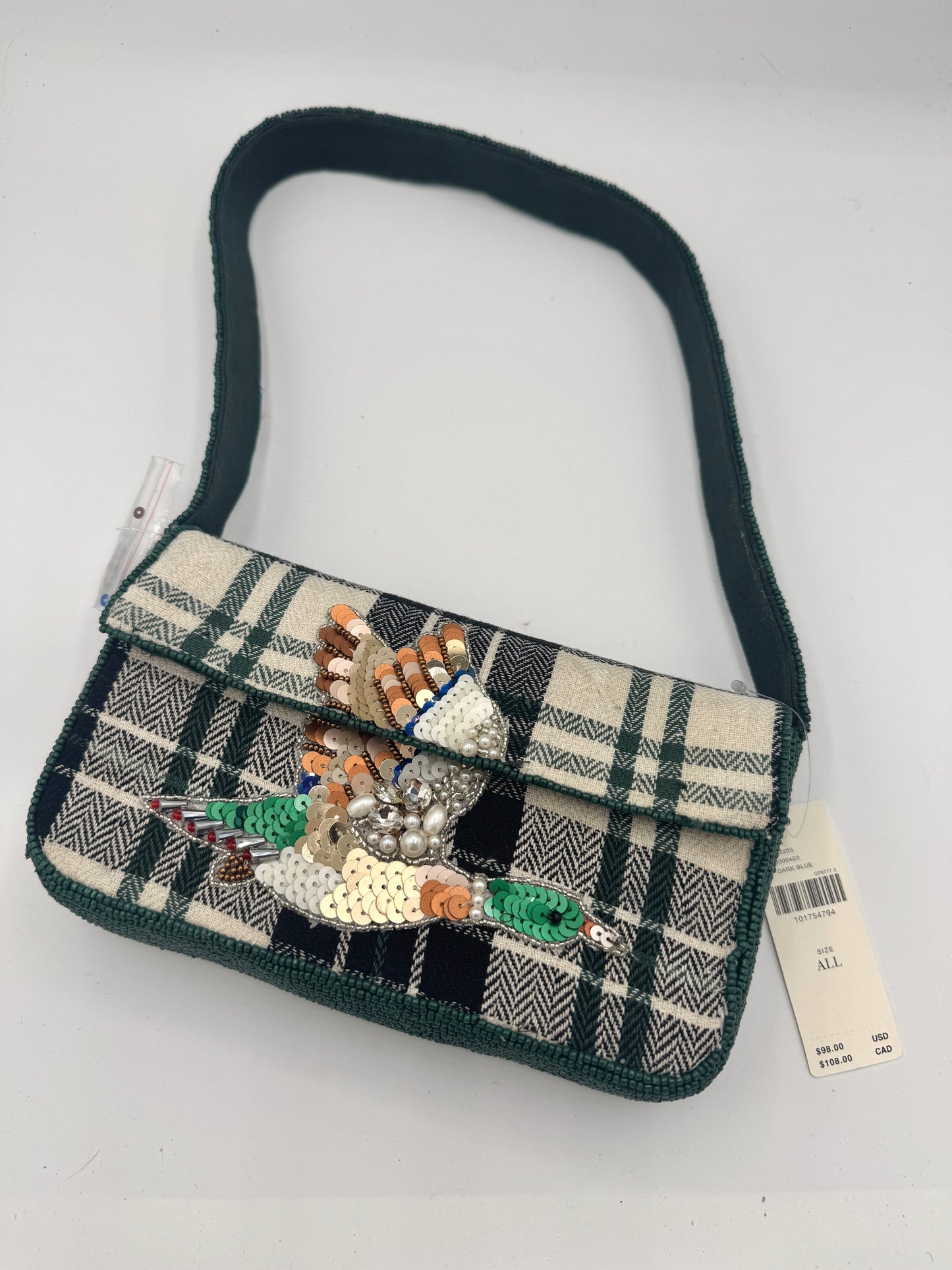 Anthropologie Green Plaid Flannel Fiona Beaded Bag Animal Edition Duck Purse