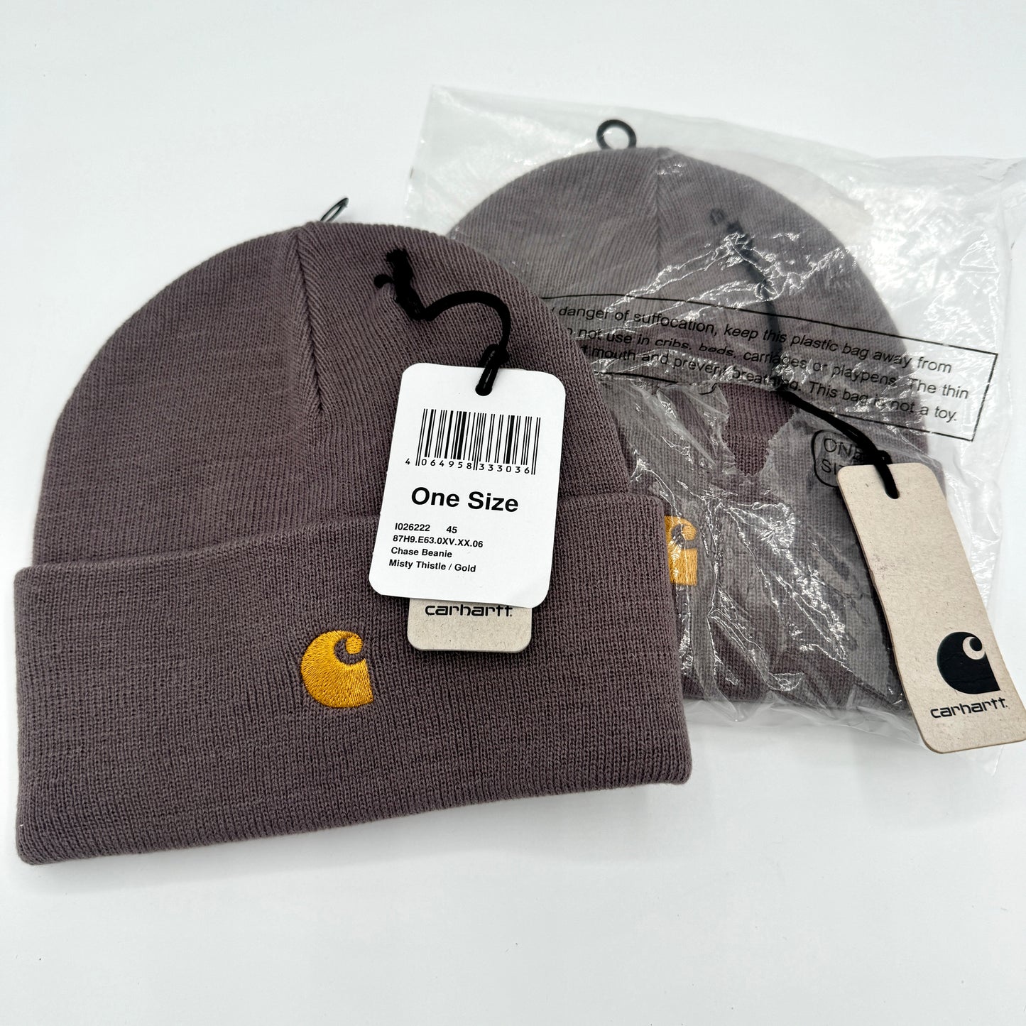 Carhartt BUNDLE of 2x Chase Beanie Misty Thistle Gold Logo Embroidery Hats