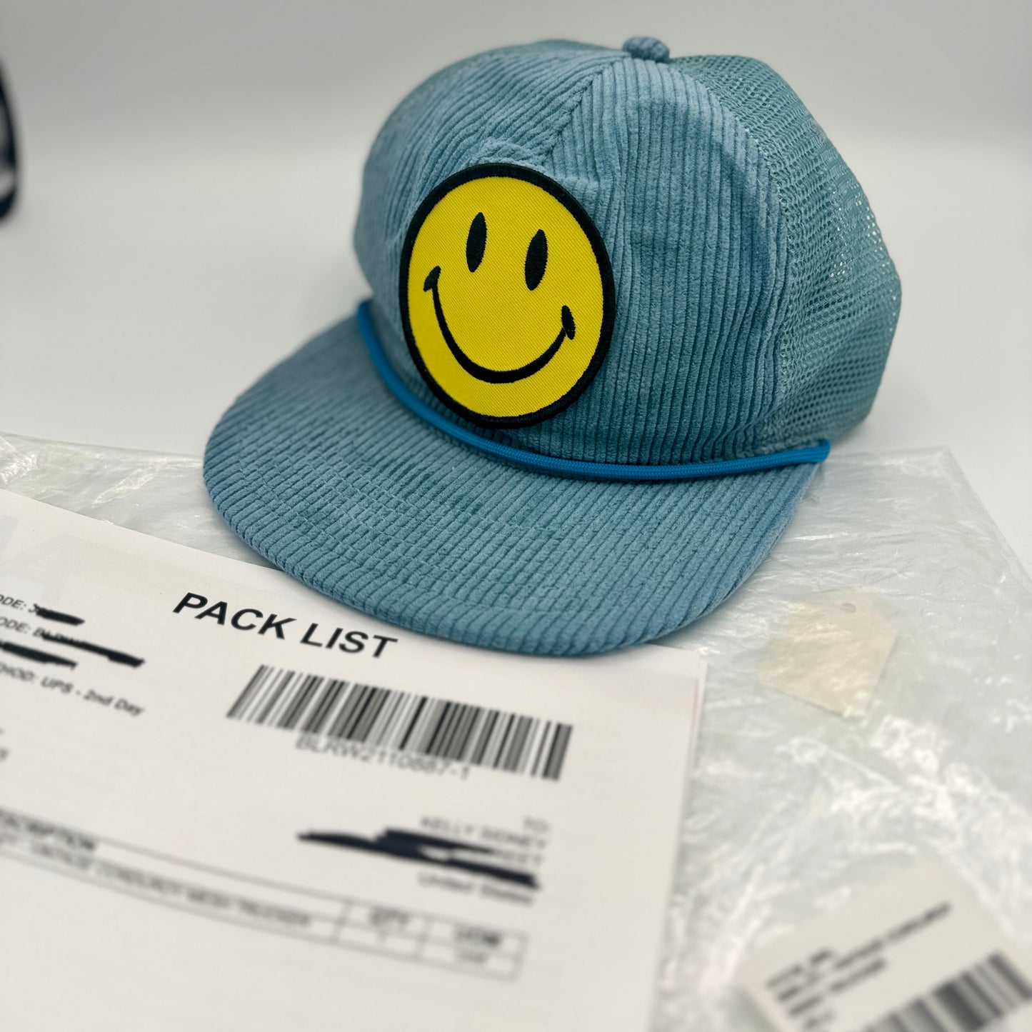 Aviator Nation Corduroy Trucker Hat Smiley Patch Embroidery Smile Light Blue