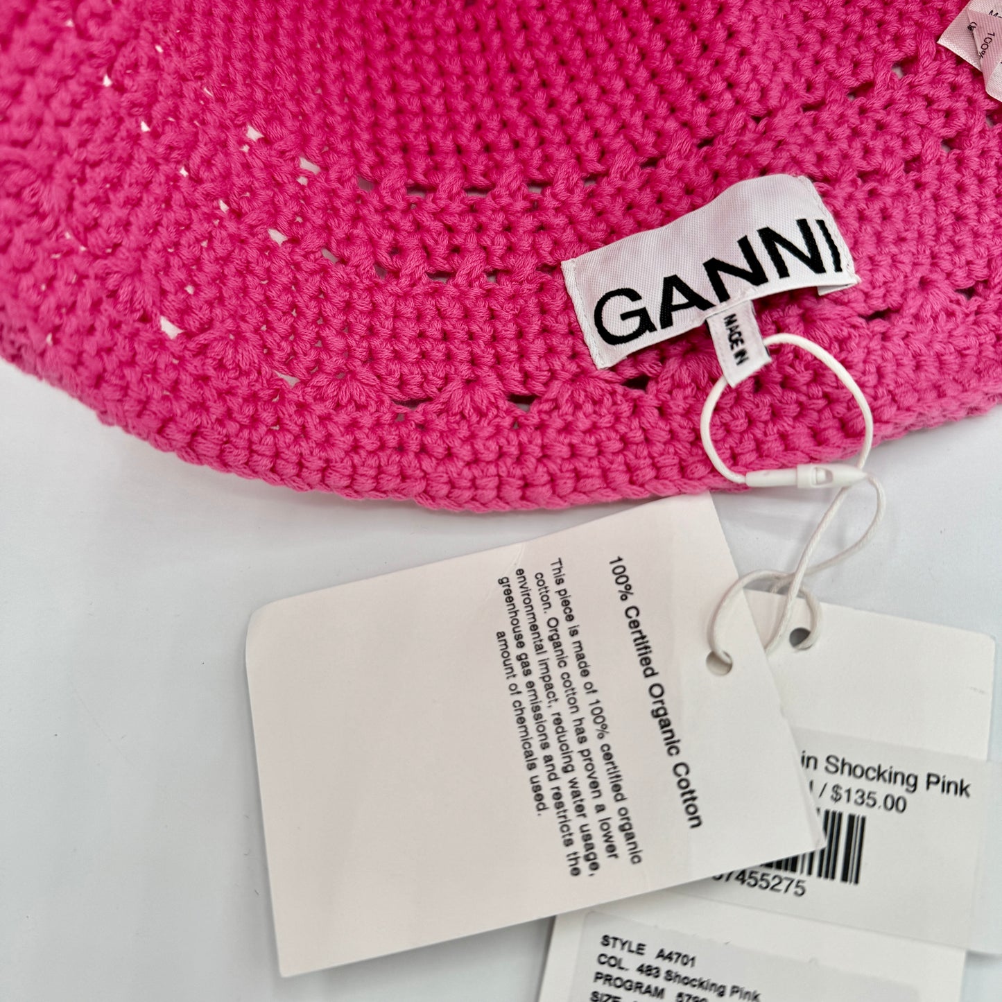 Ganni Crochet Knit Bucket Hat Shocking Pink Logo