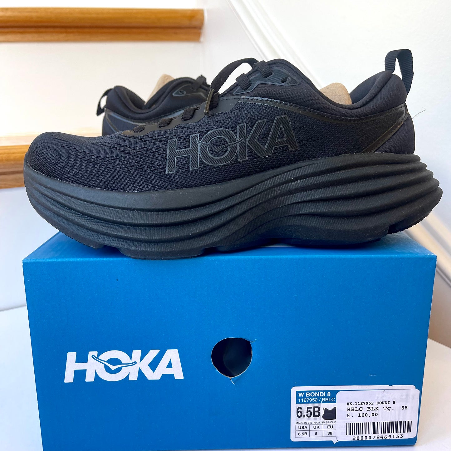 Hoka Bondi 8 Running Shoes in all black women’s / men’s BBLC running athletic shoe