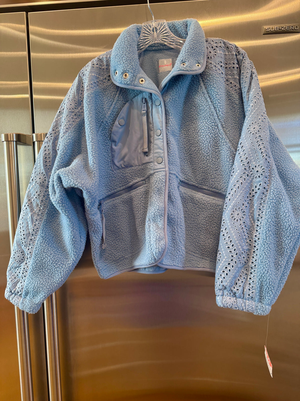 Free People Hit The Slopes Eyelet Fleece Jacket - Denim Rinse Blue