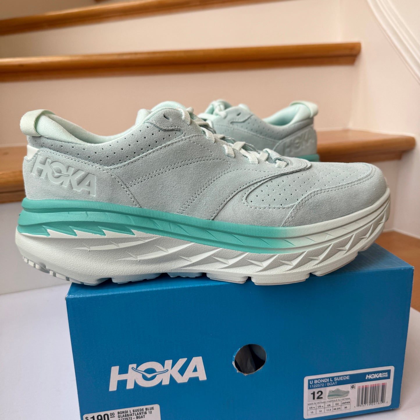 Hoka Bondi L SUEDE Leather U Unisex , Blue Glass / Atlantis Cushioned Shoes