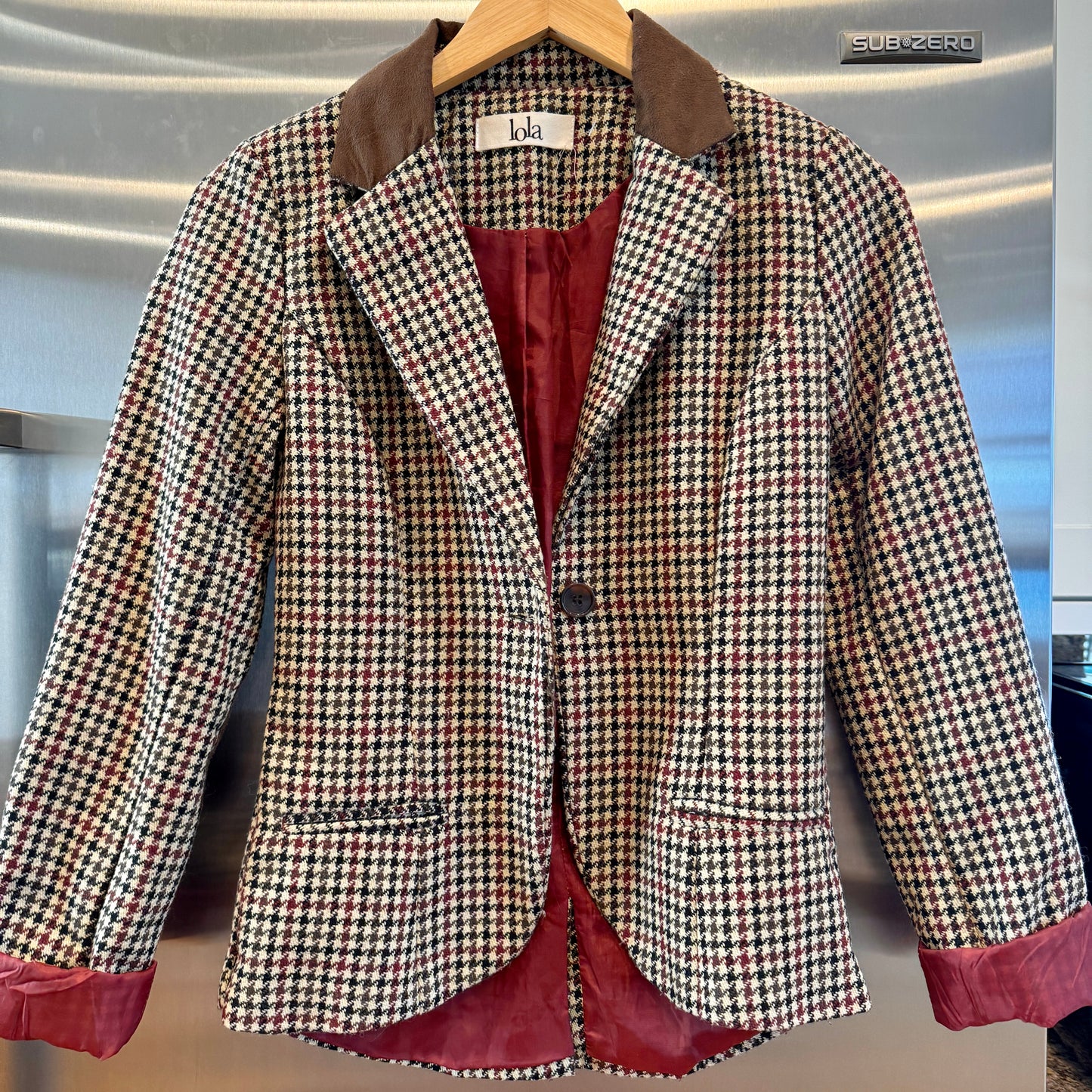 Lola Houndstooth Vintage Blazer Collared Jacket with Brown Maroon black tan fitted * Pre-owned