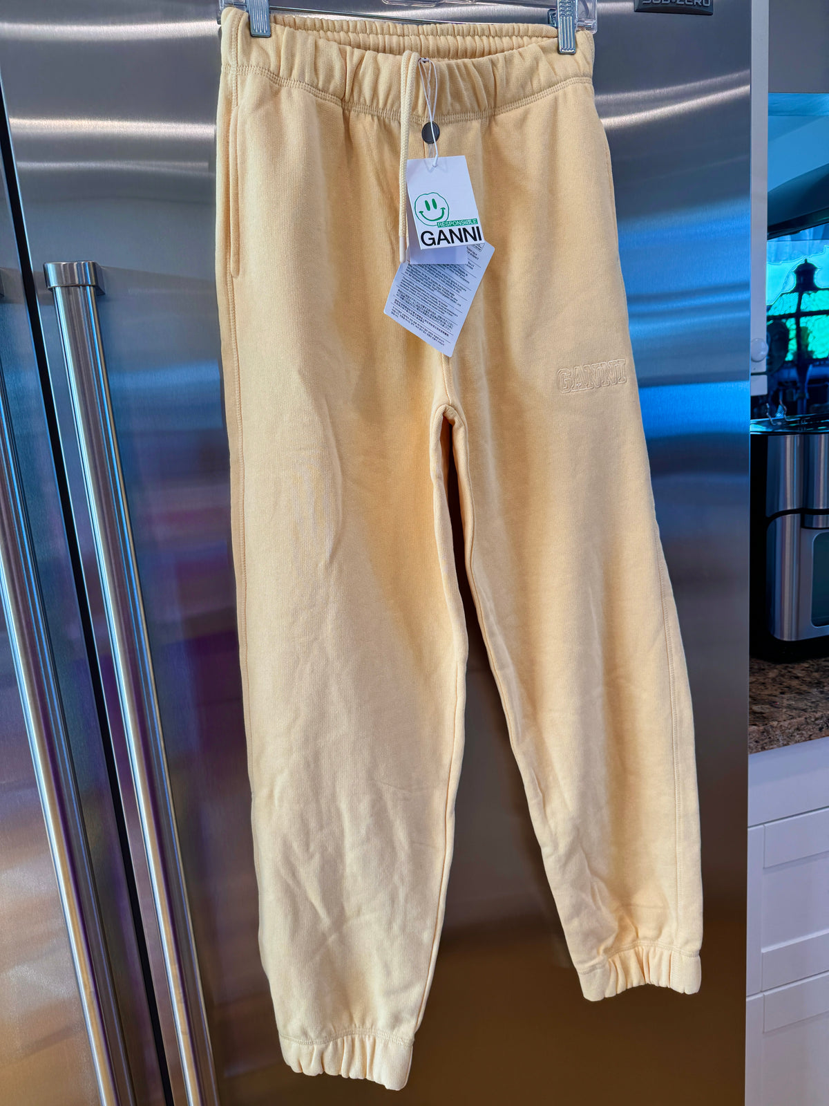 Ganni Isoli Sweatpants in Yellow French Terry Cotton with embroidered logo