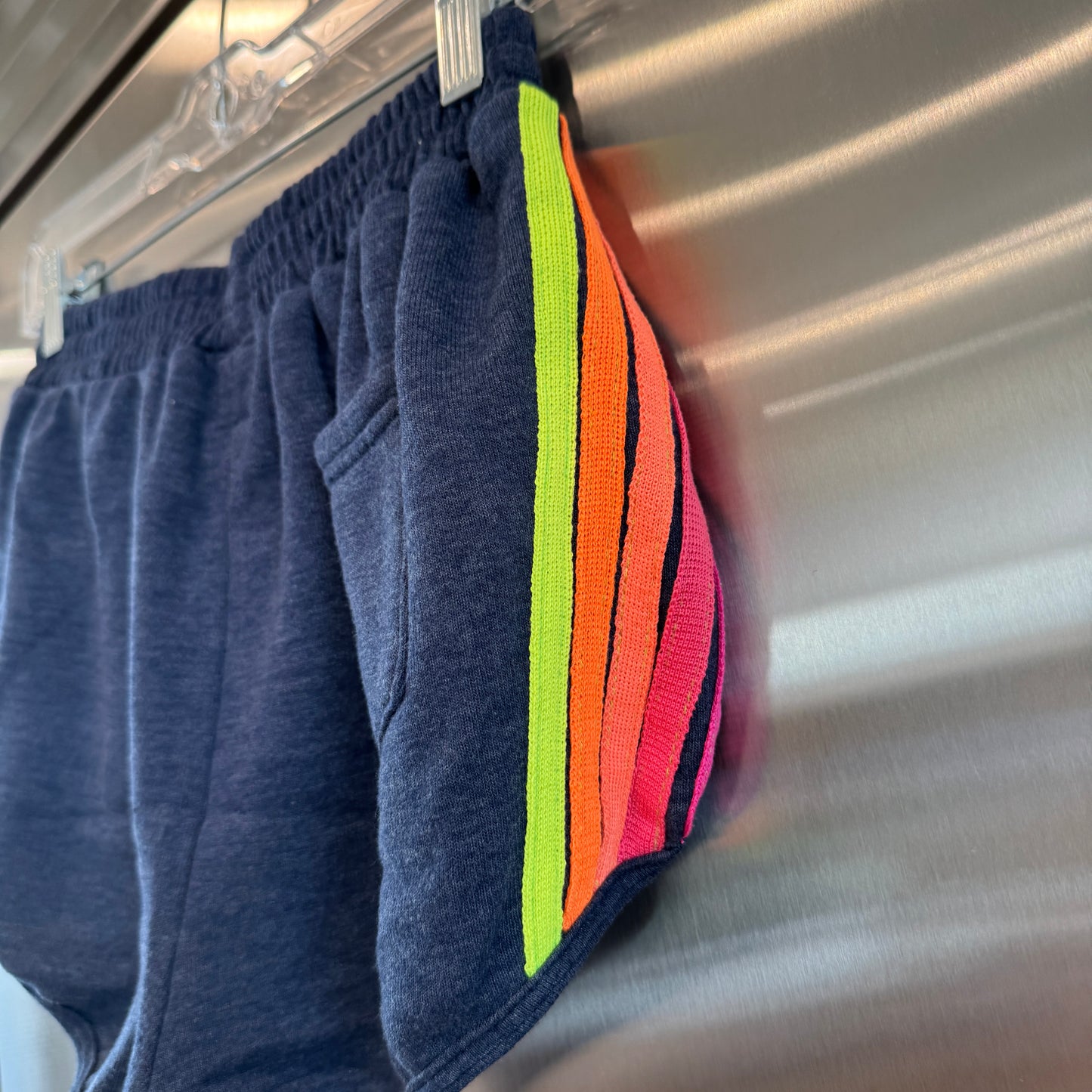 Aviator Nation 5 Stripe Jogger Shorts in Navy Blue / Neon Pink Orange Multi