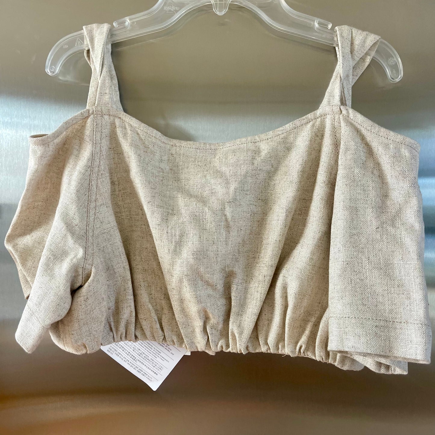 Jacquemus Le Haut Alzou Beige Linen Cropped Top Off shoulder pocket details