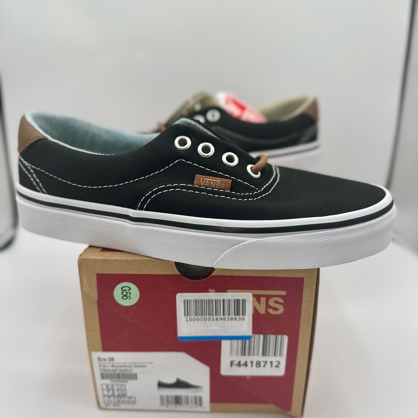 Vans Classic Era 59 Sneakers in Black C & L Acid Denim Brown Leather Trim