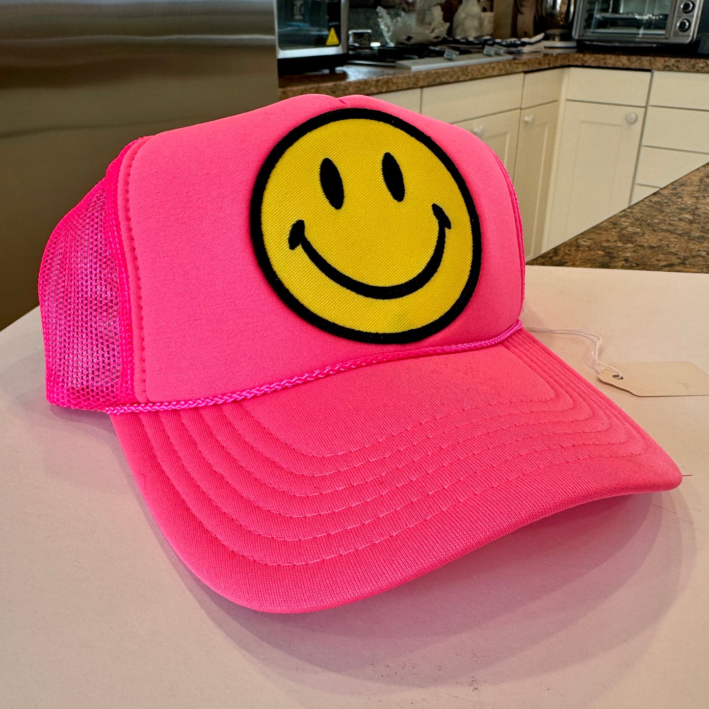 Aviator Nation Pink Trucker Hat Smiley Face embroidered patch smile Neon