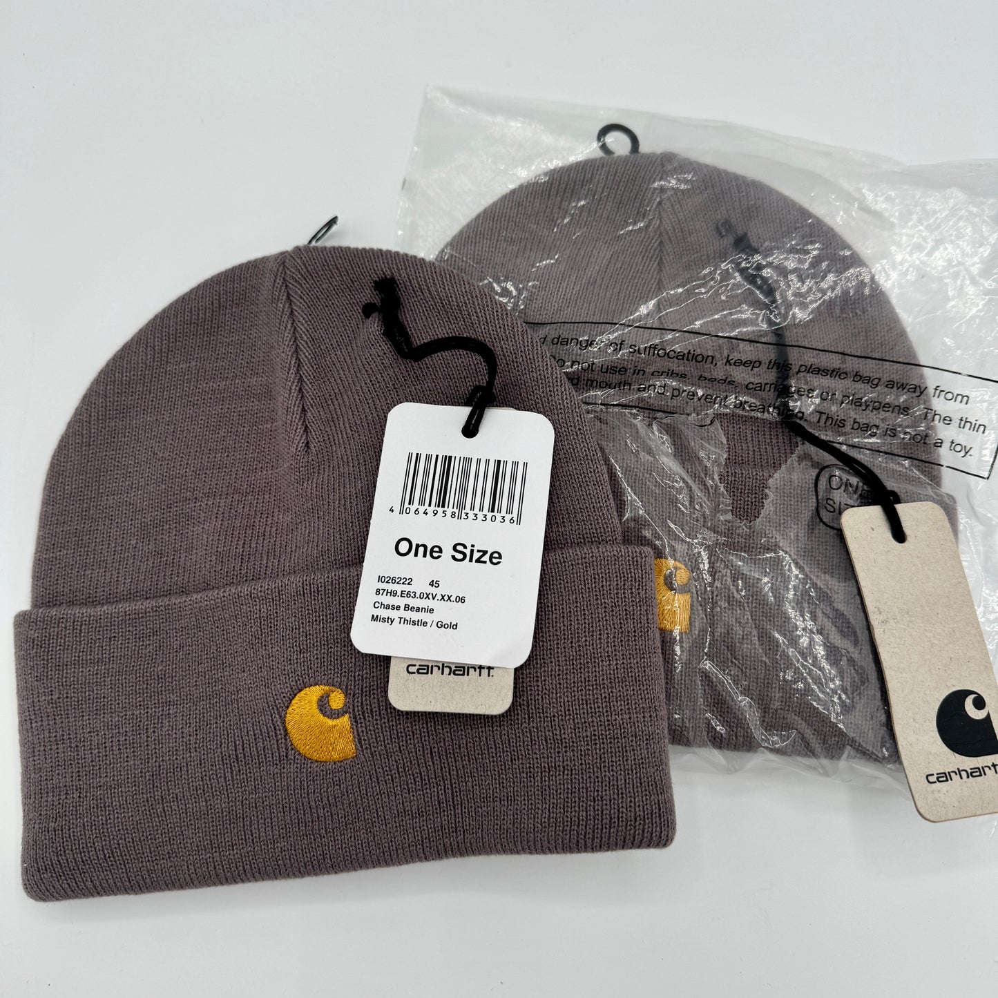 Carhartt BUNDLE of 2x Chase Beanie Misty Thistle Gold Logo Embroidery Hats