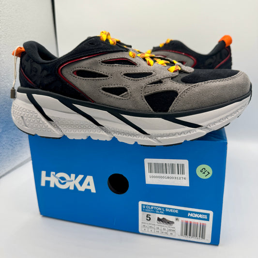 Hoka Clifton L Suede in Black / Lunar Rock Grey UNISEX Shoes Leather BLRK