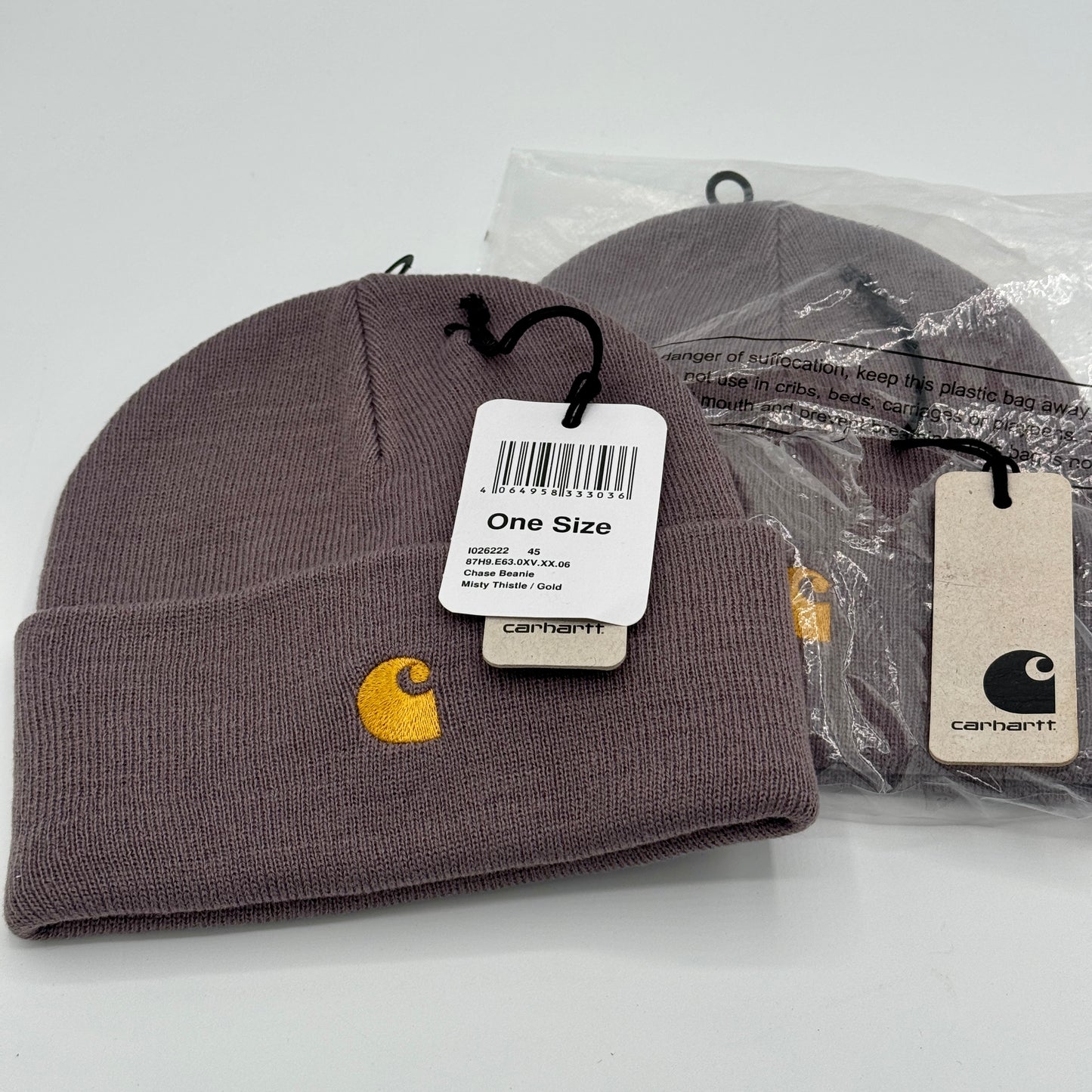 Carhartt BUNDLE of 2x Chase Beanie Misty Thistle Gold Logo Embroidery Hats