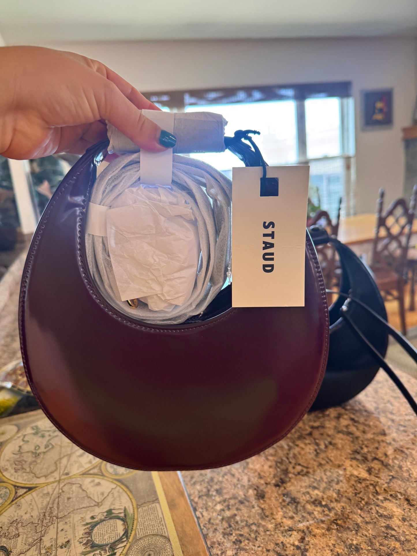 Staud Mini Moon Purse in Syrah Burgundy Leather, Crossbody Bag