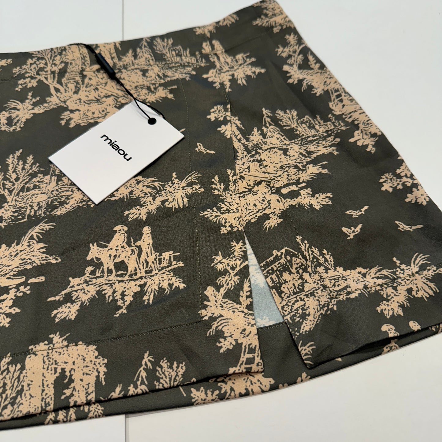 Miaou Mini Skirt in Moss Toile Green Micro Skirt with Slit