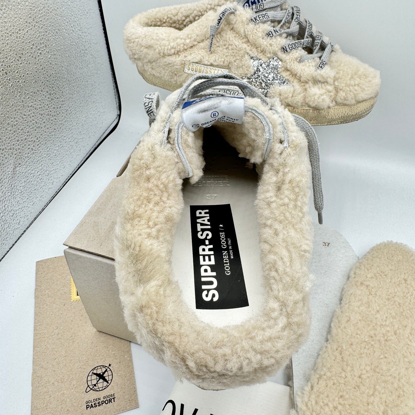 Golden Goose Superstar Sabot Shearling Glitter Sneaker Mule Natural / Silver