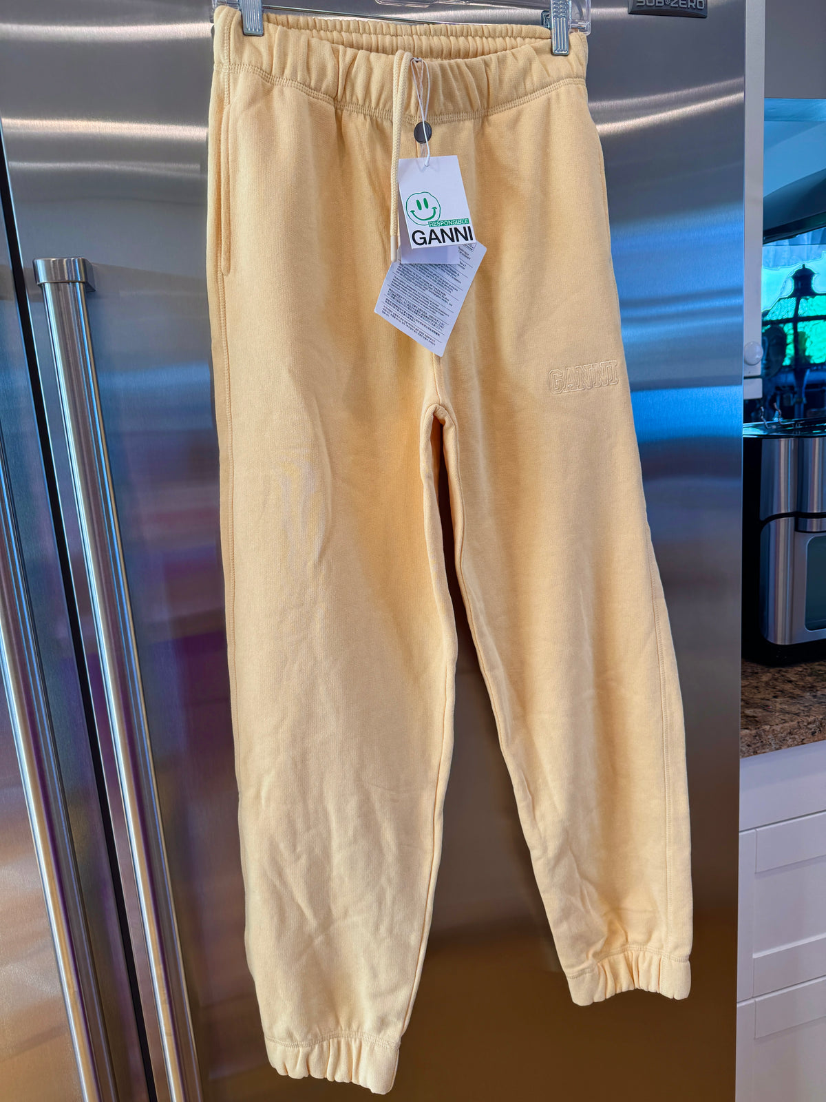 Ganni Isoli Sweatpants in Yellow French Terry Cotton with embroidered logo