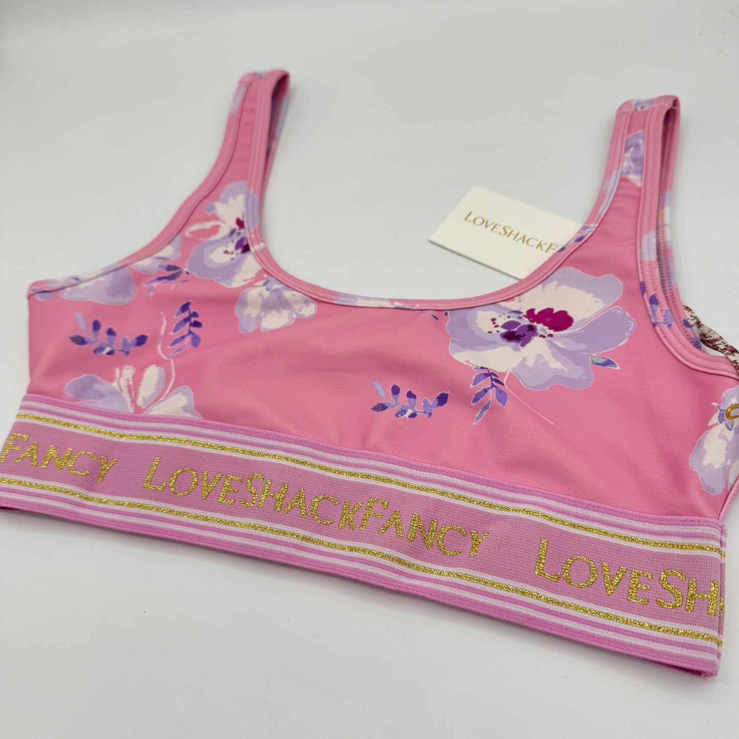 LoveShackFancy Ornice Sports Athletic Bra Light Pink Floral Gold Logo Flower