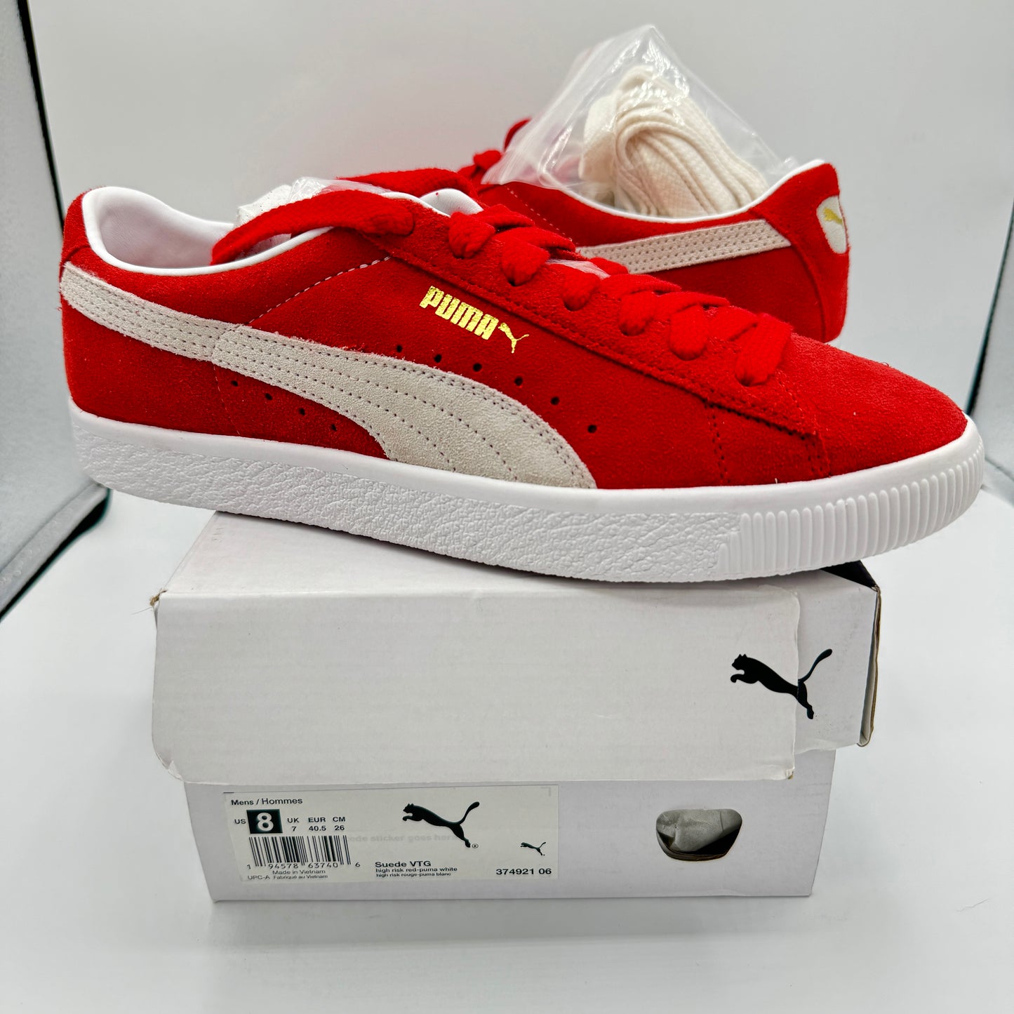 Puma Suede VTG Textured Leather Sneakers , extra laces , high risk red white