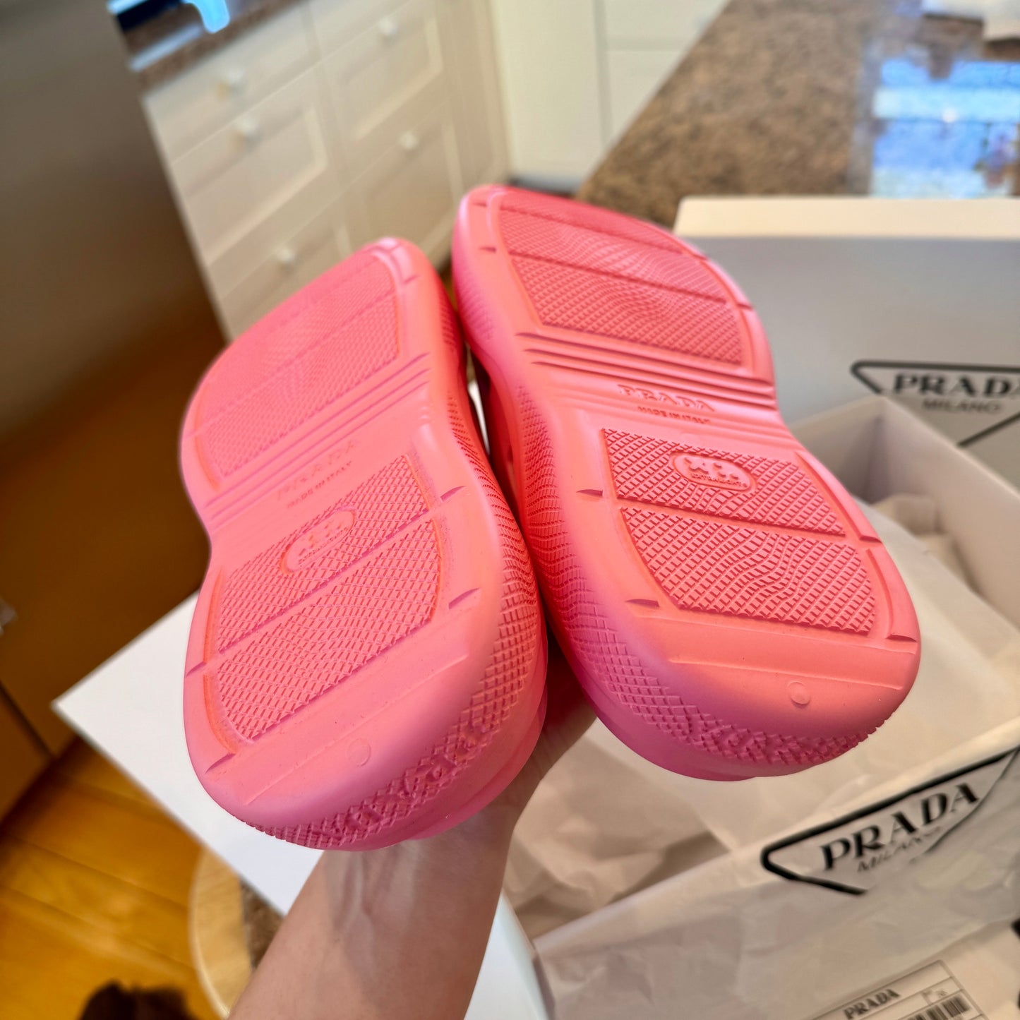 Prada Mellow Cut Out Slides Mules Womens Logo in Pink Begonia