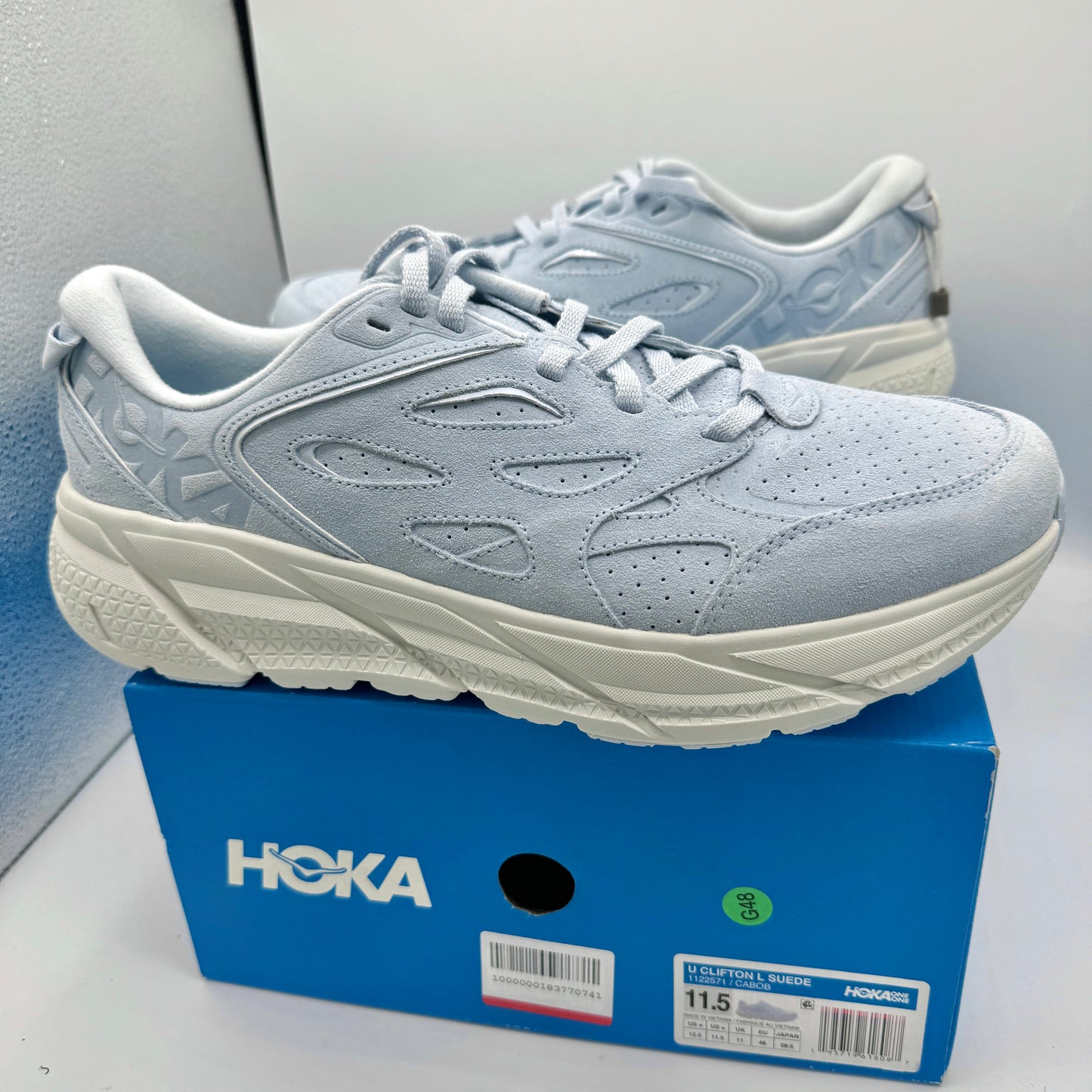 Hoka Clifton L Suede in Country Air / Bit of Blue UNISEX Shoes Leather BLRK