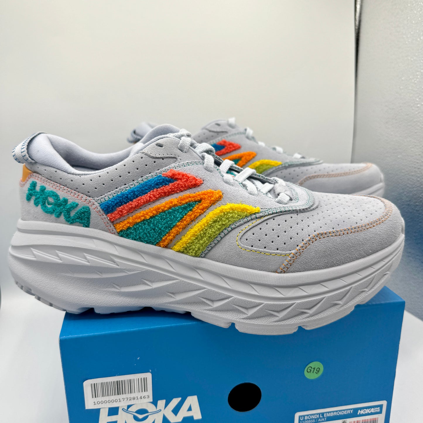 Hoka Bondi Leather Embroidery Sneakers Unisex Arctic Ice Grey Shoes