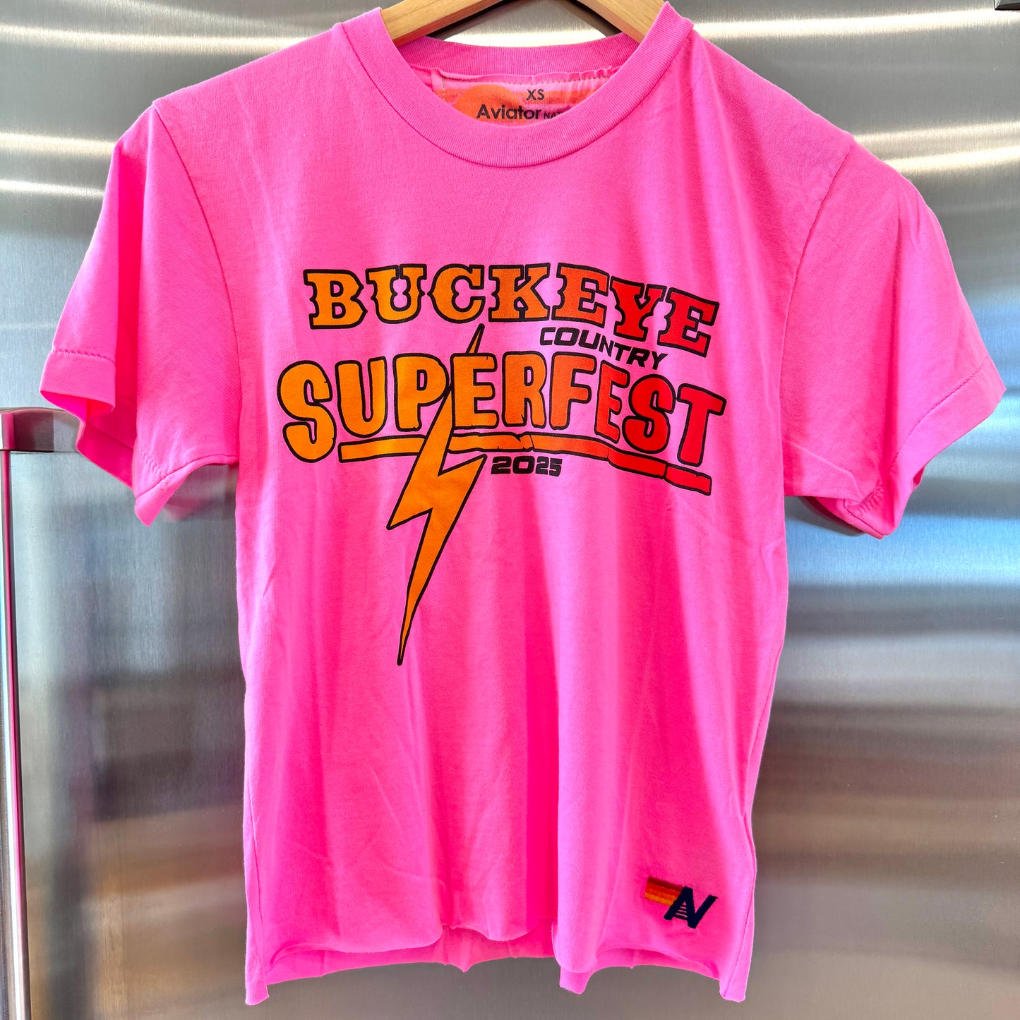 Aviator Nation Buckeye Fest 2025 Boyfriend Cropped Tee Shirt - Neon Pink
