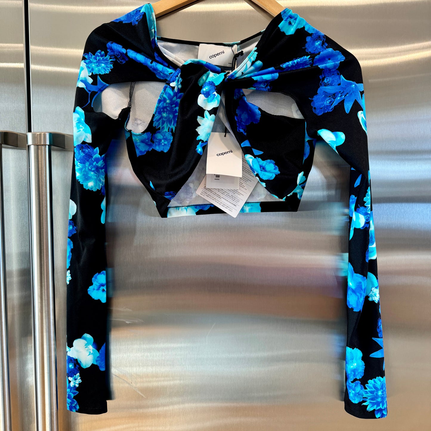 Coperni Twist Cutout Cropped Draped Top Long Sleeve Crop in Black / Blue Flowers