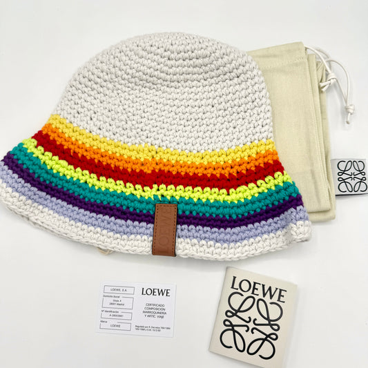 Loewe Hat Crochet Cotton Multicolor with embossed calfskin leather logo NEW