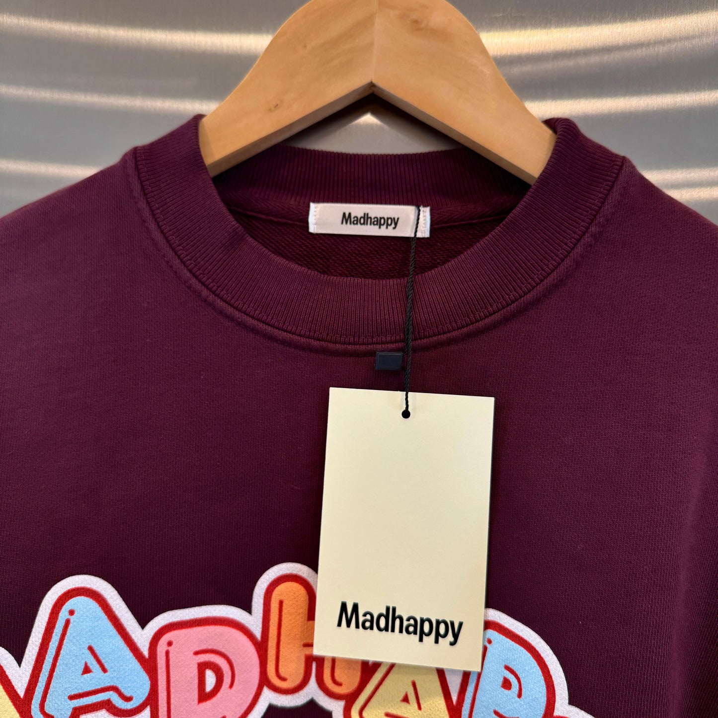 MadHappy Crush Universal Crewneck in Maroon Dark Red Candy Block Letters