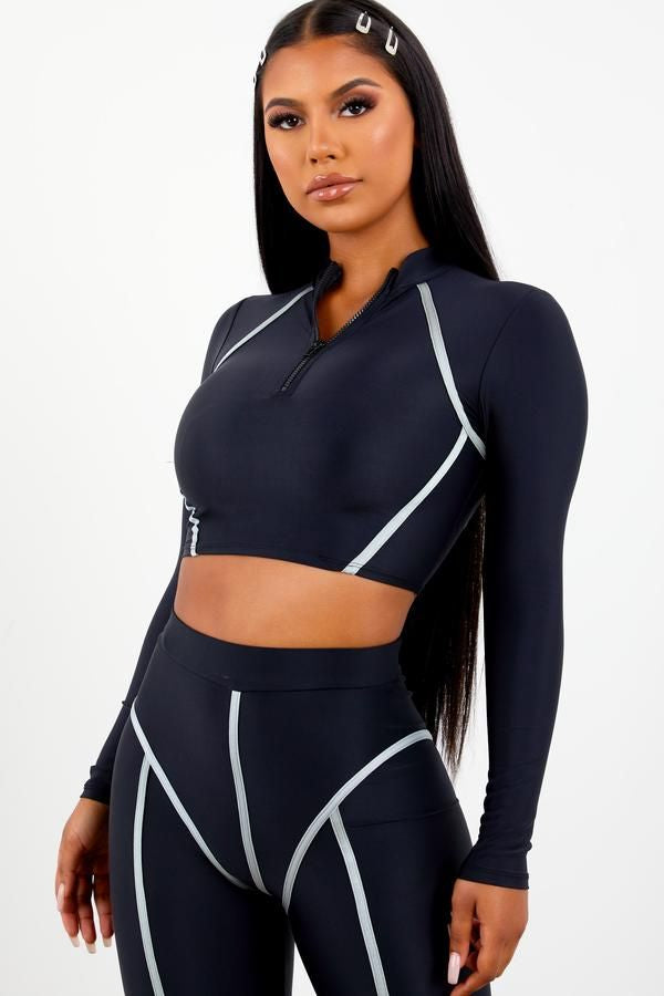 Sorella SET Black Thick Piping Top and Leggings Bodycon Grey Contrast