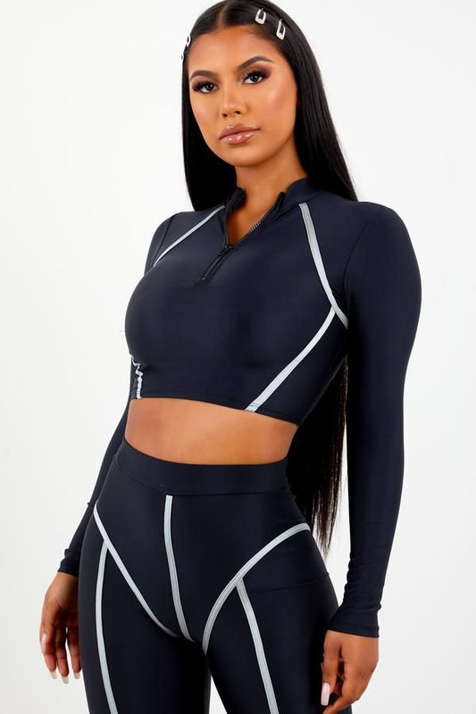 Sorella SET Black Thick Piping Top and Leggings Bodycon Grey Contrast