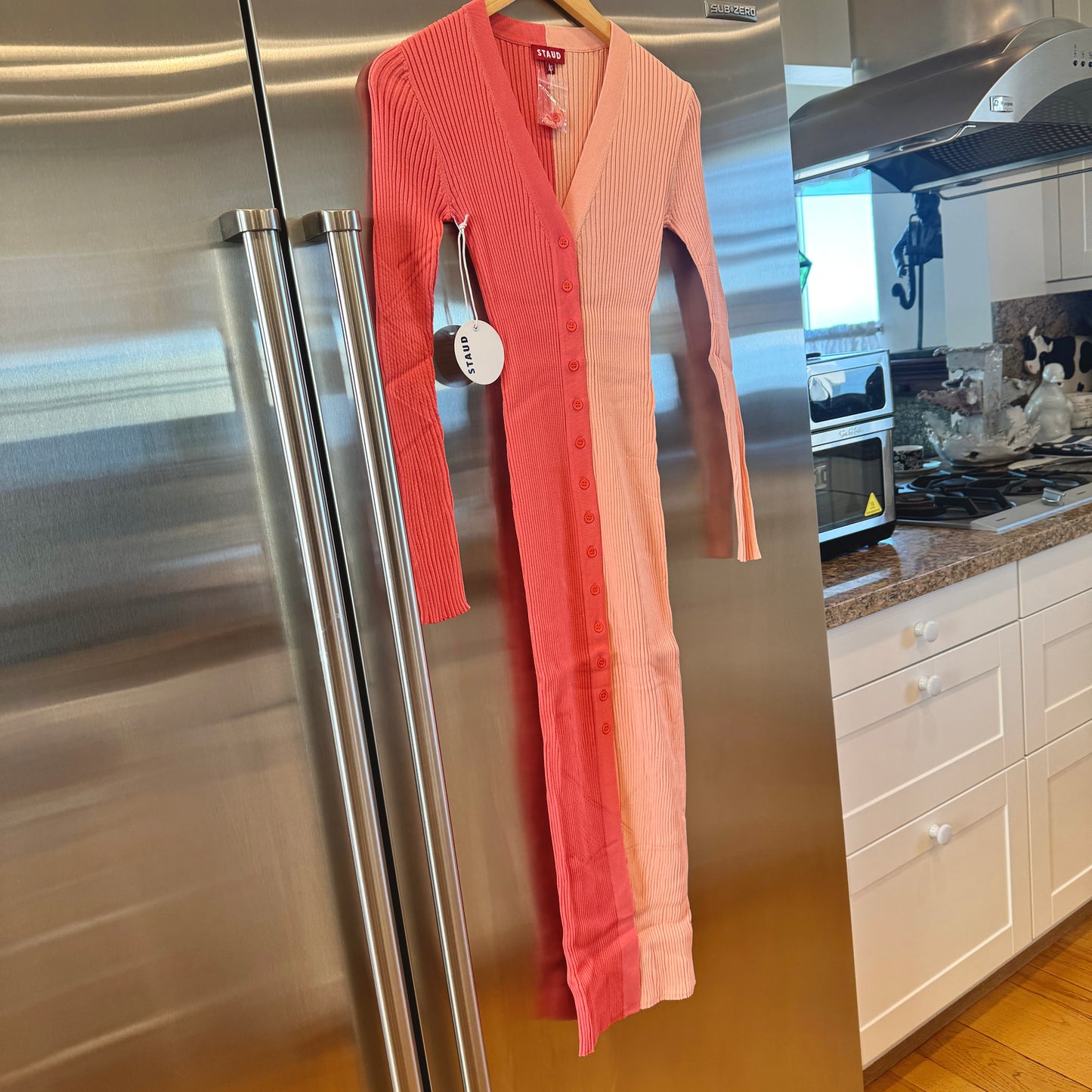 Staud Shoko Sweater Dress in Bittersweet Peach Light Pink Blush Button Down