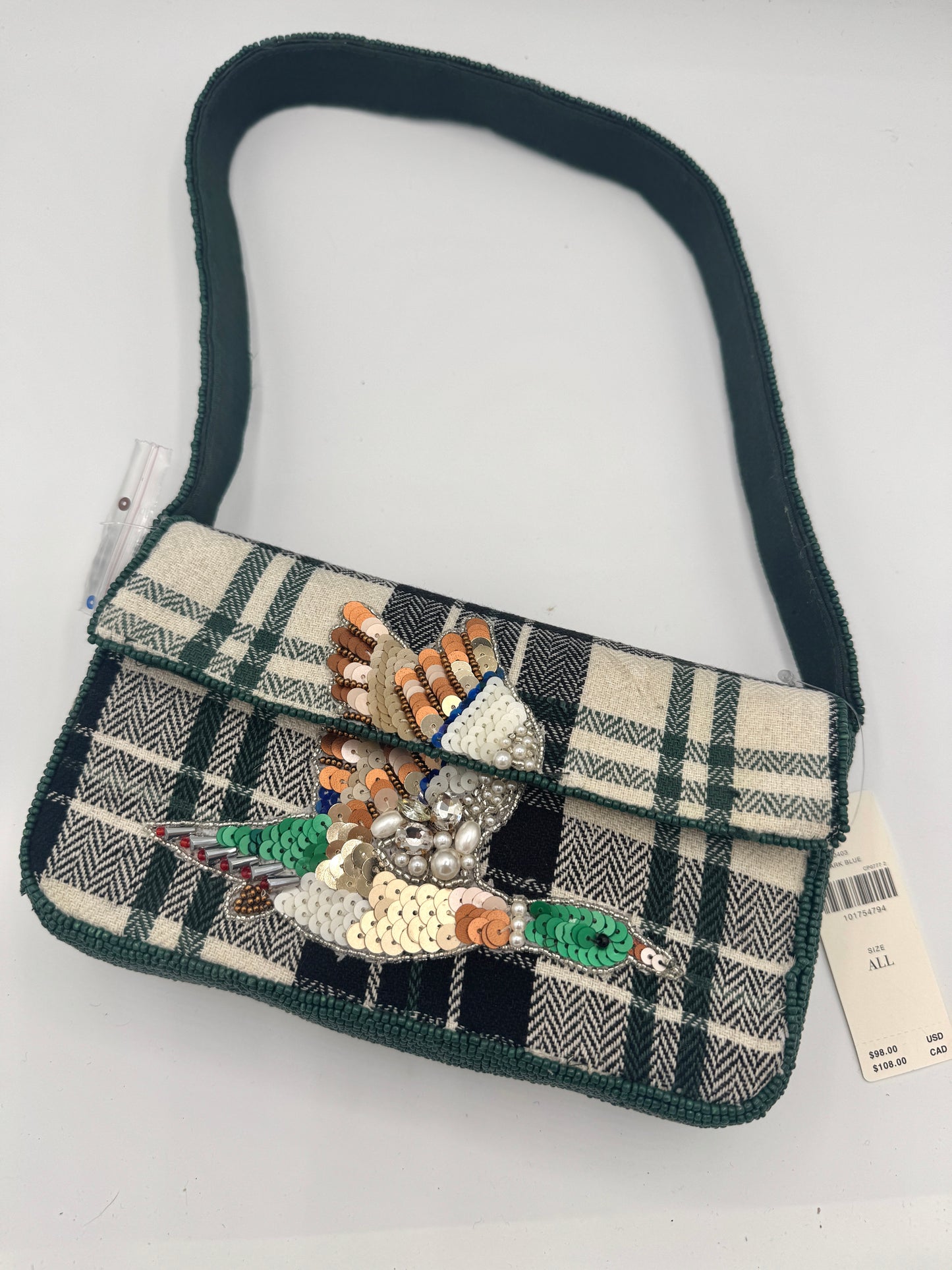 Anthropologie Green Plaid Flannel Fiona Beaded Bag Animal Edition Duck Purse